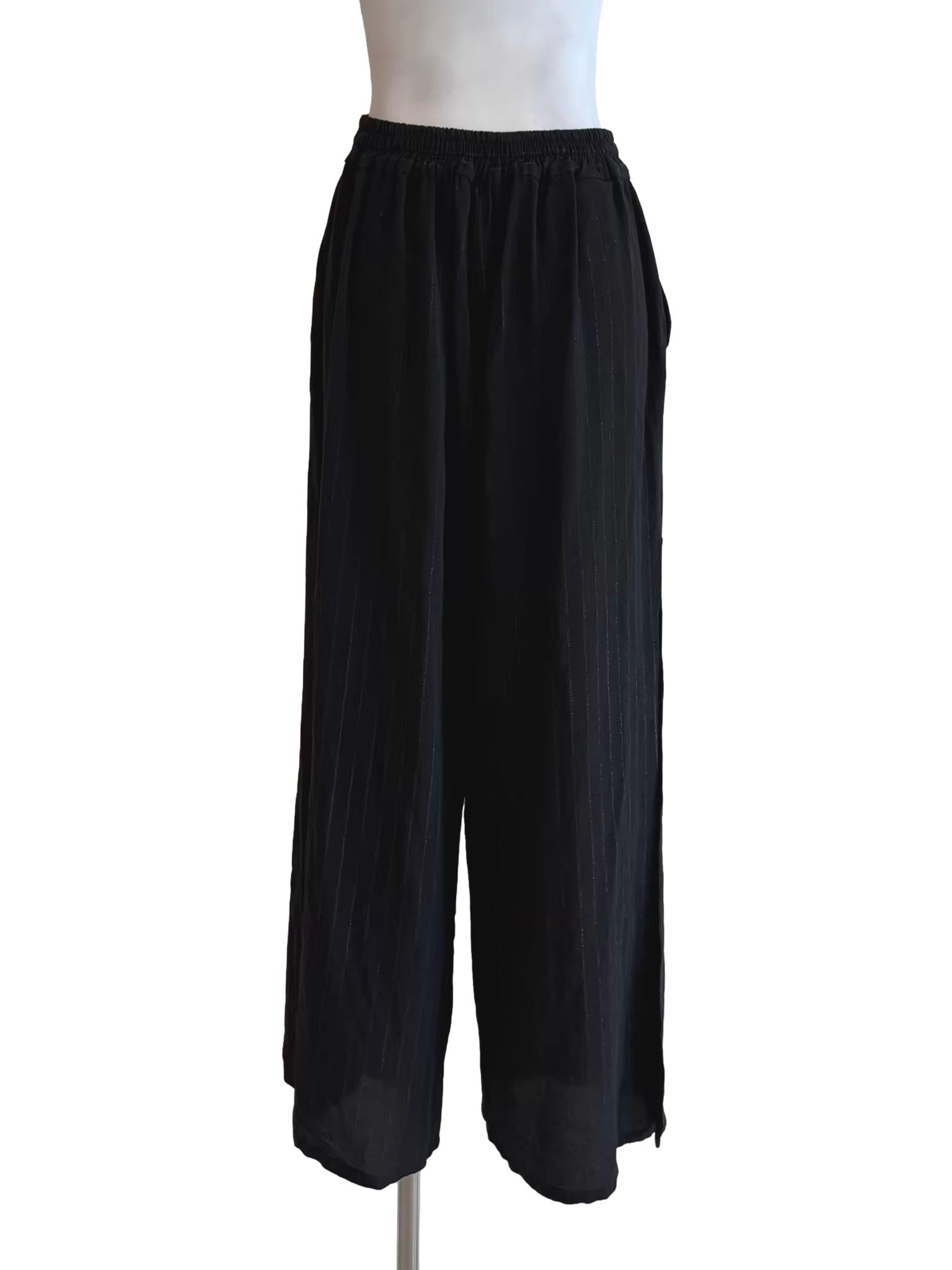 Jet Black Faint Striped Slit Pants