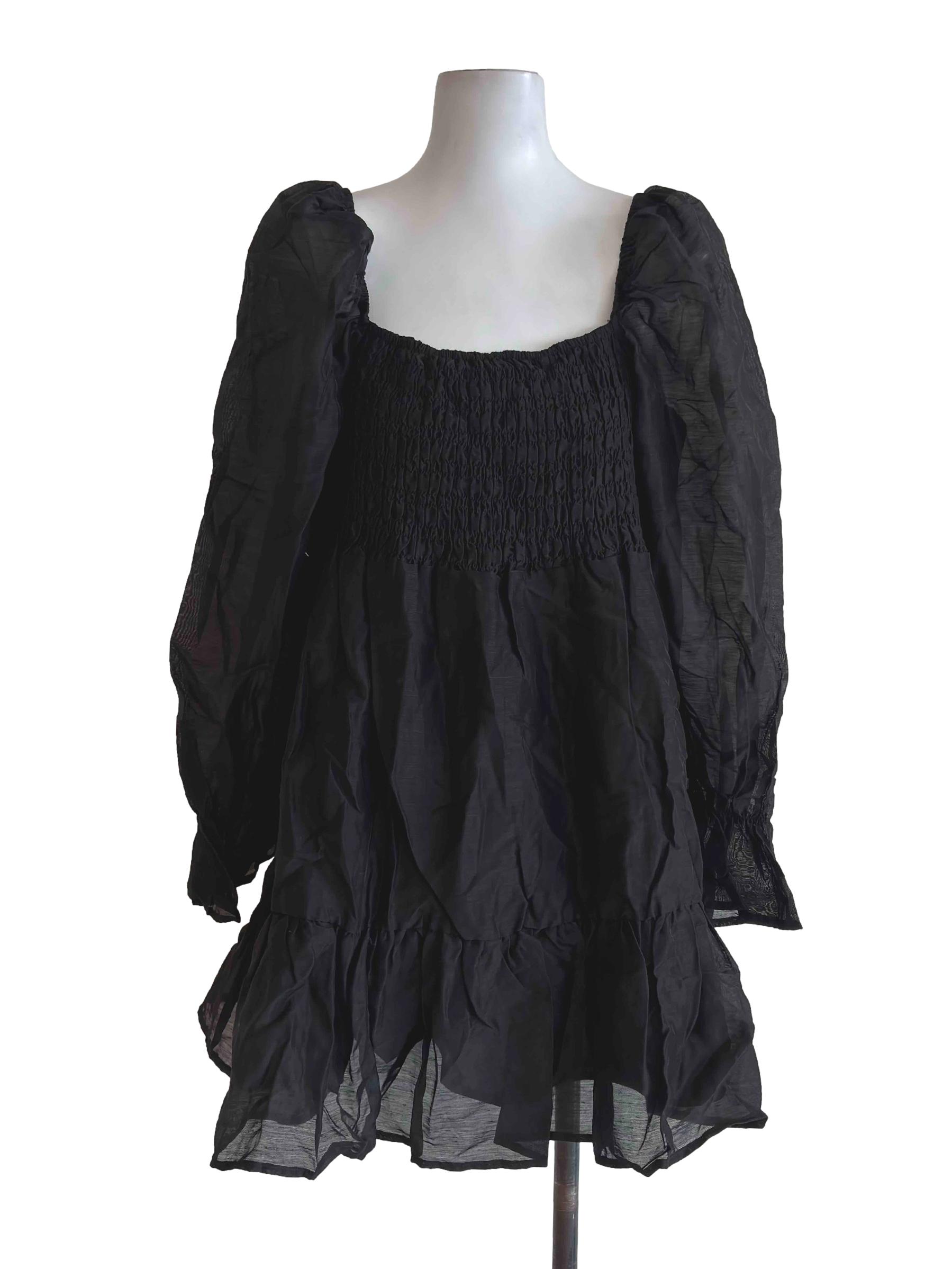 Black Puffed Sleeve Organza Mini Dress