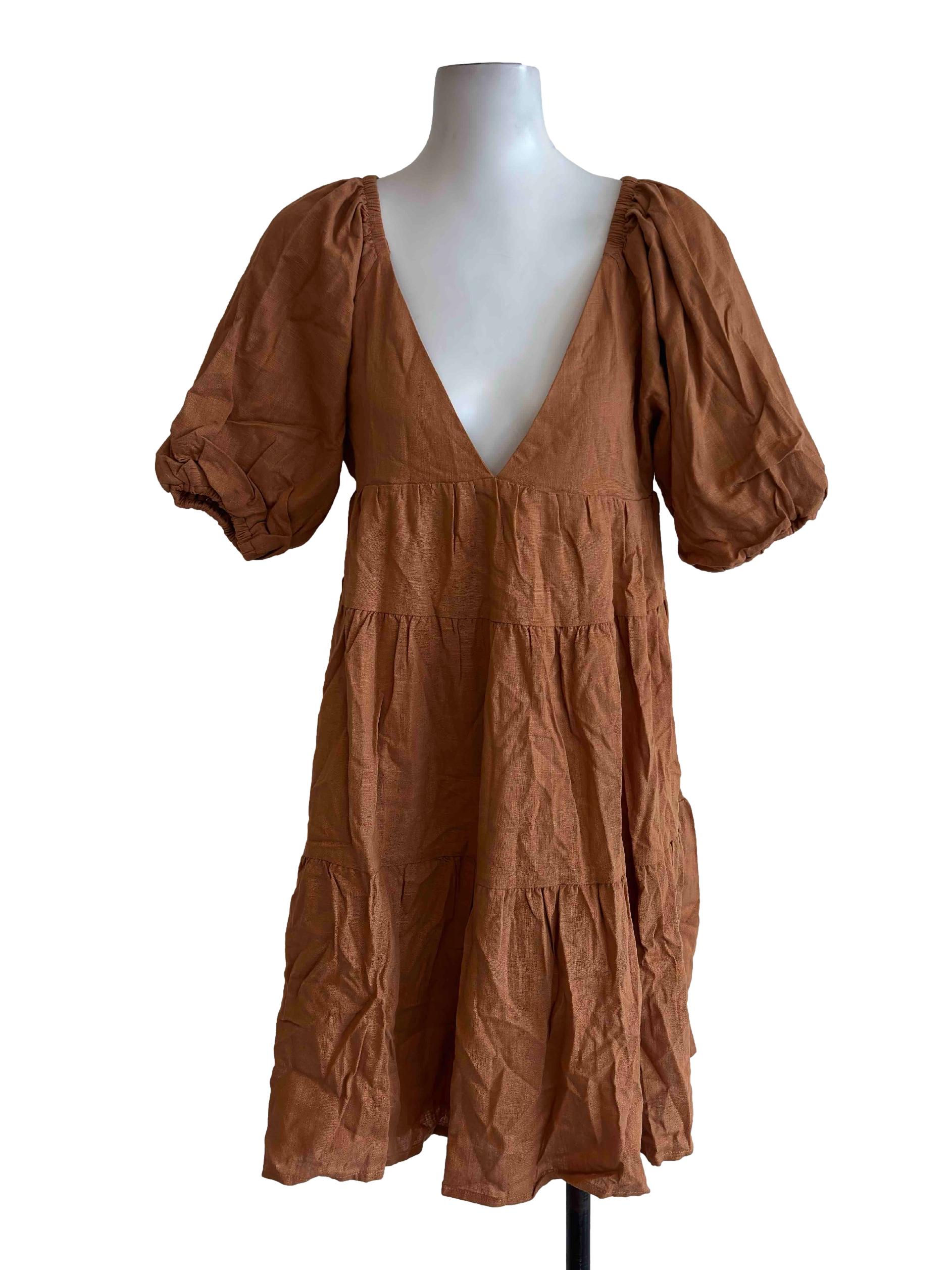 Peanut Brown Deep V Tiered Mini Dress