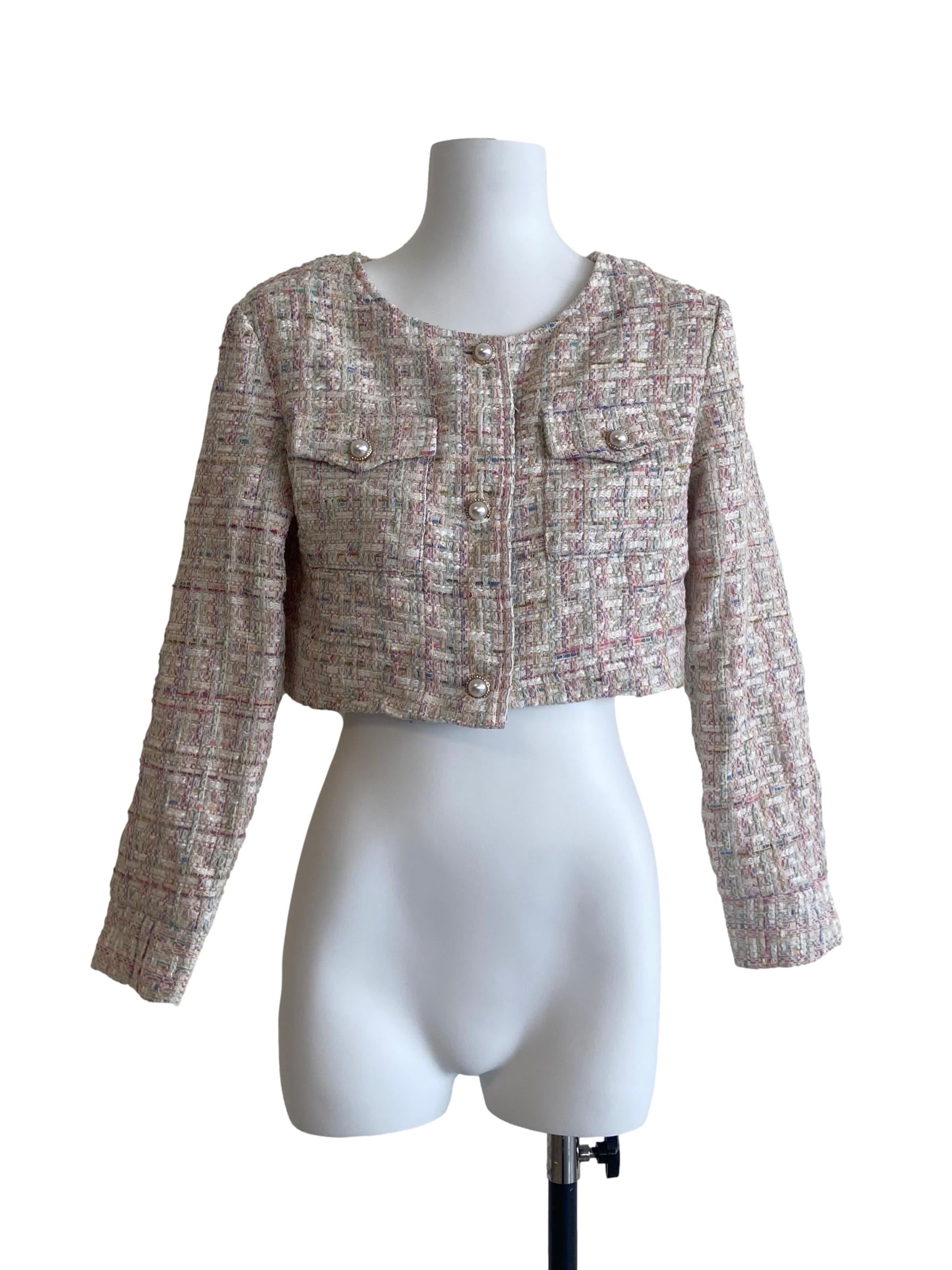 White & Colourful Crop Tweed Cardigan
