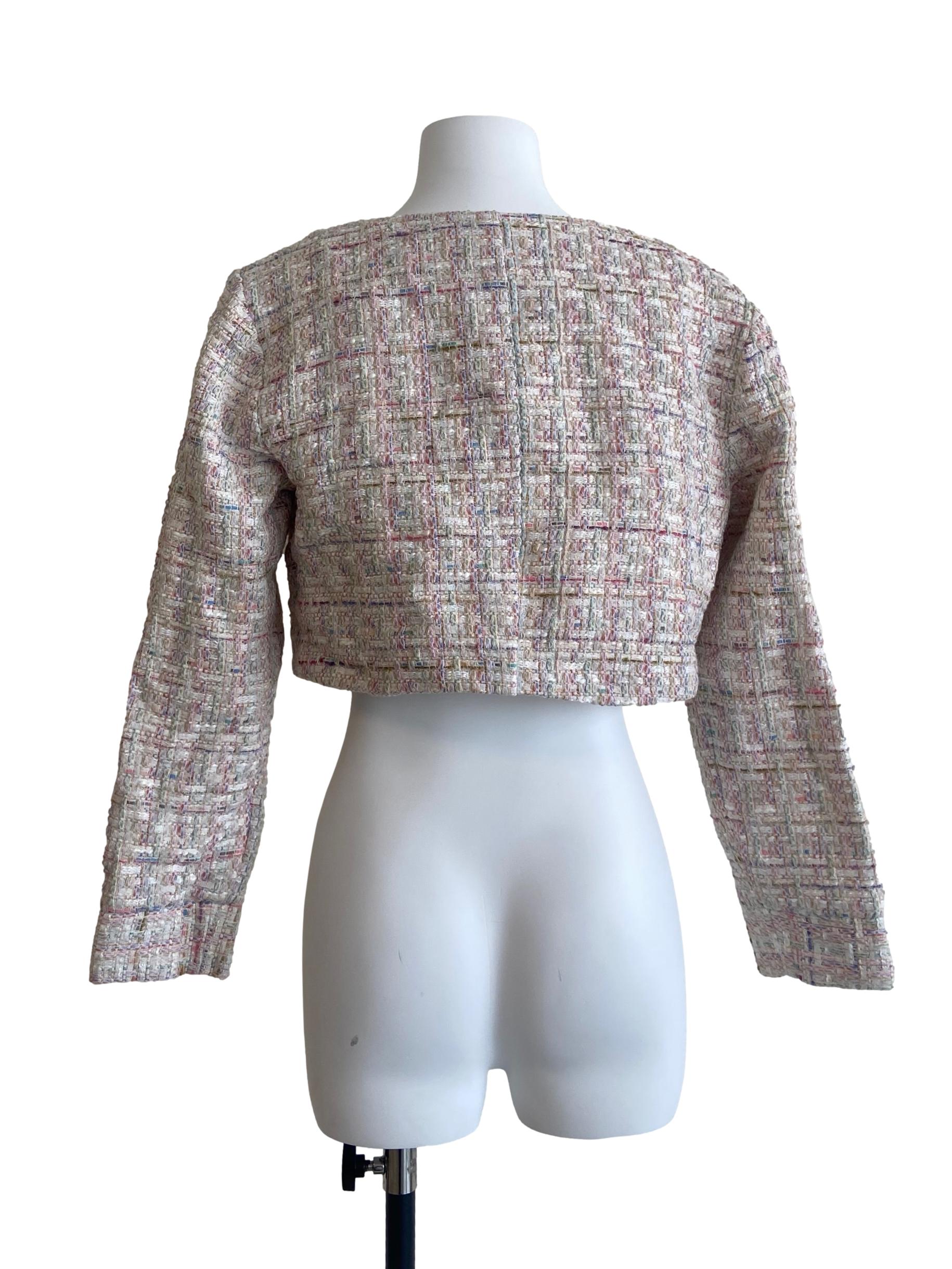 White & Colourful Crop Tweed Cardigan