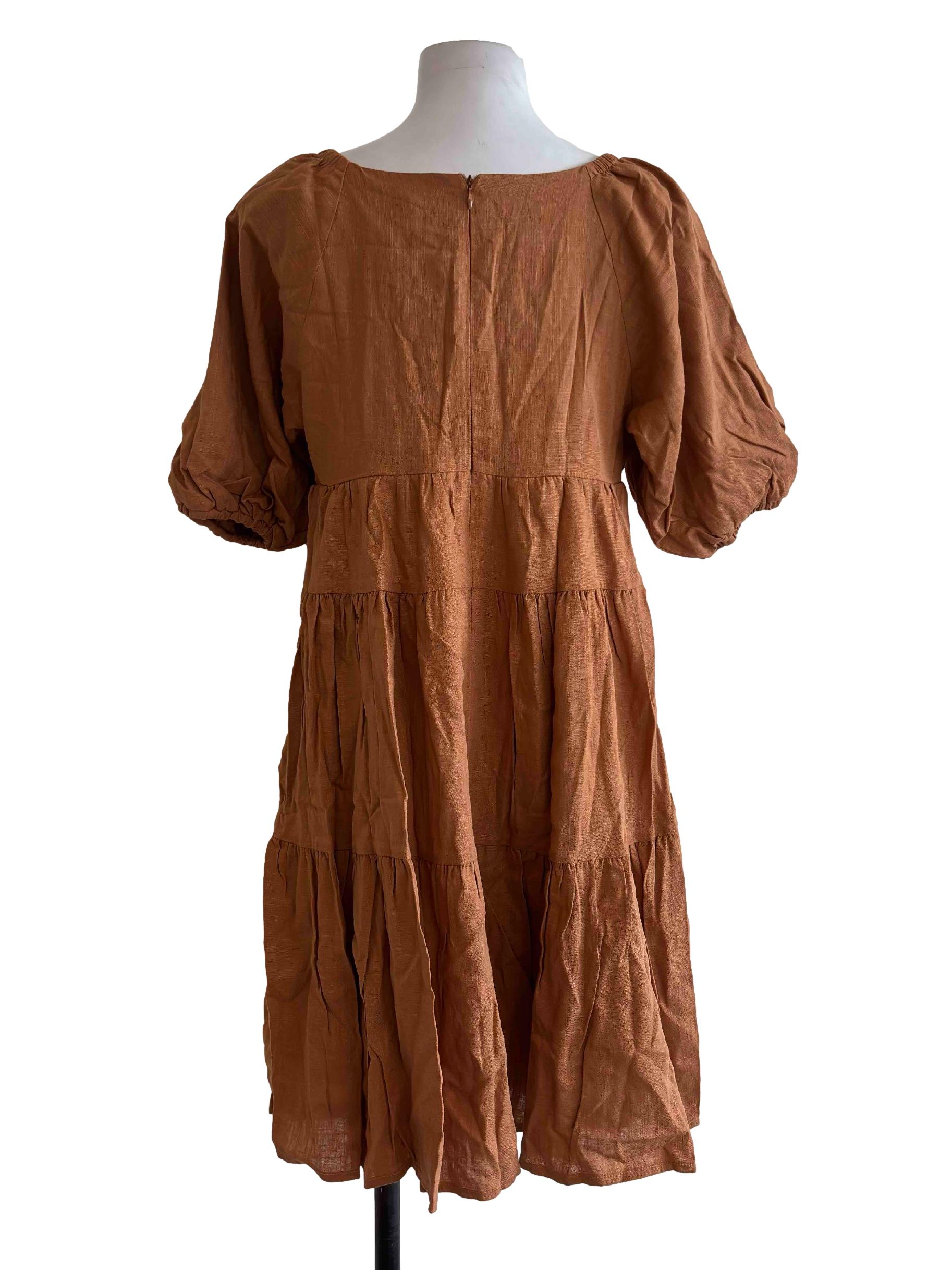 Peanut Brown Deep V Tiered Mini Dress