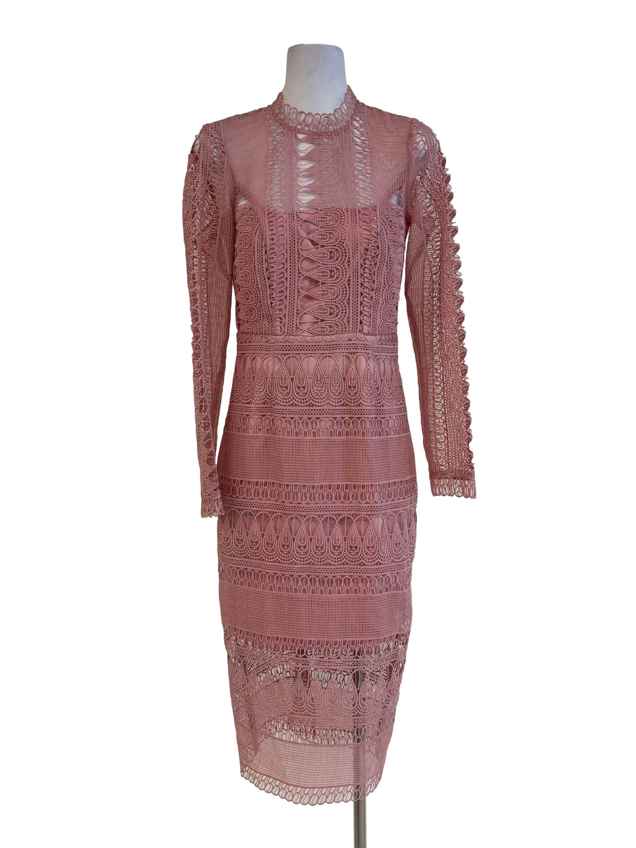 Baby Pink Long Sleeve Mock Neck Lace Dress