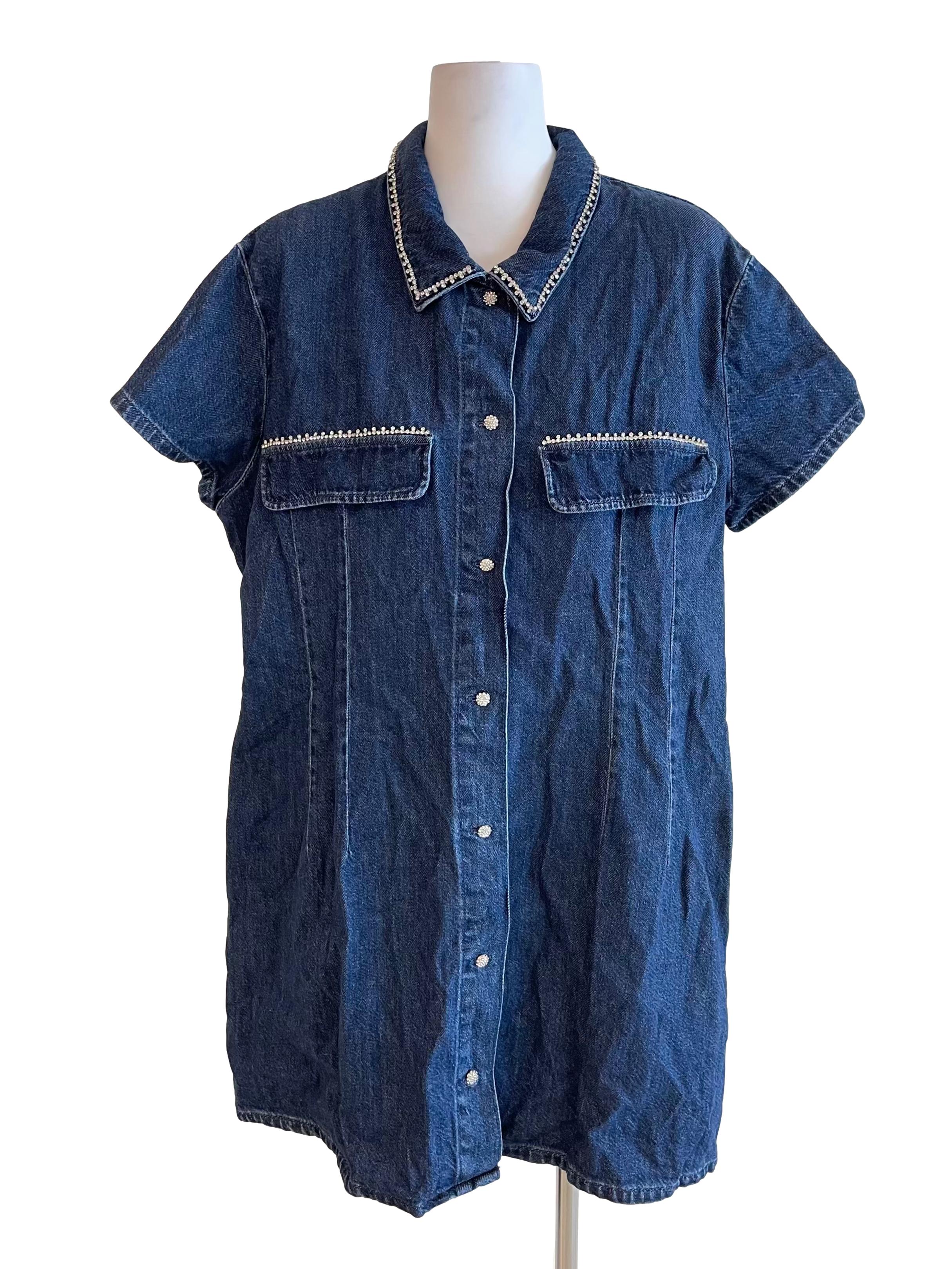 Denim Rhinestones Jean Shirt Dress