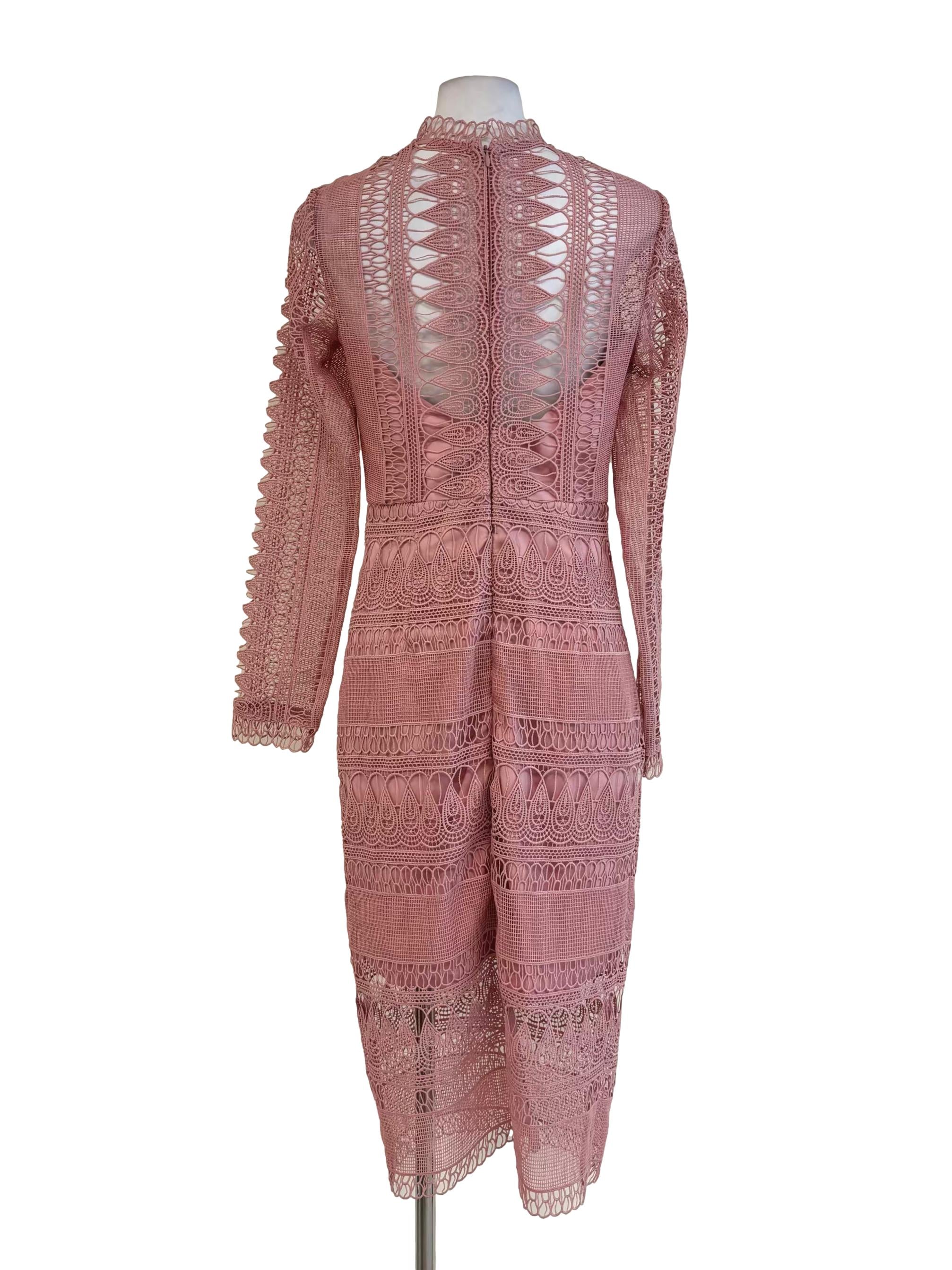 Baby Pink Long Sleeve Mock Neck Lace Dress