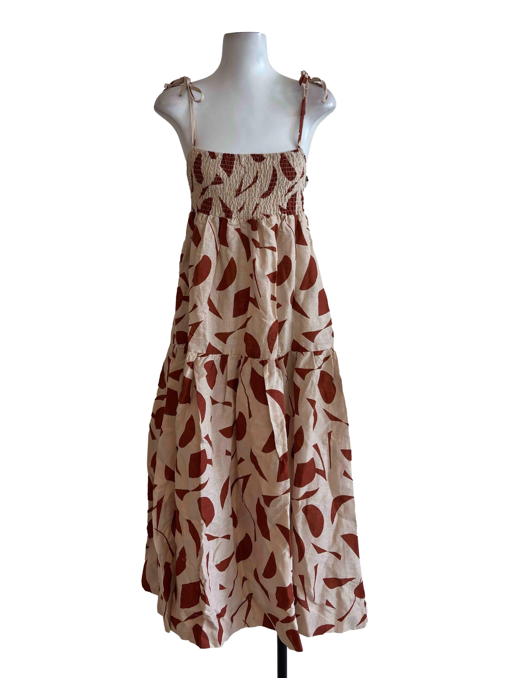 Rust Brown Print Layered Self Tie Strap Mini Dress