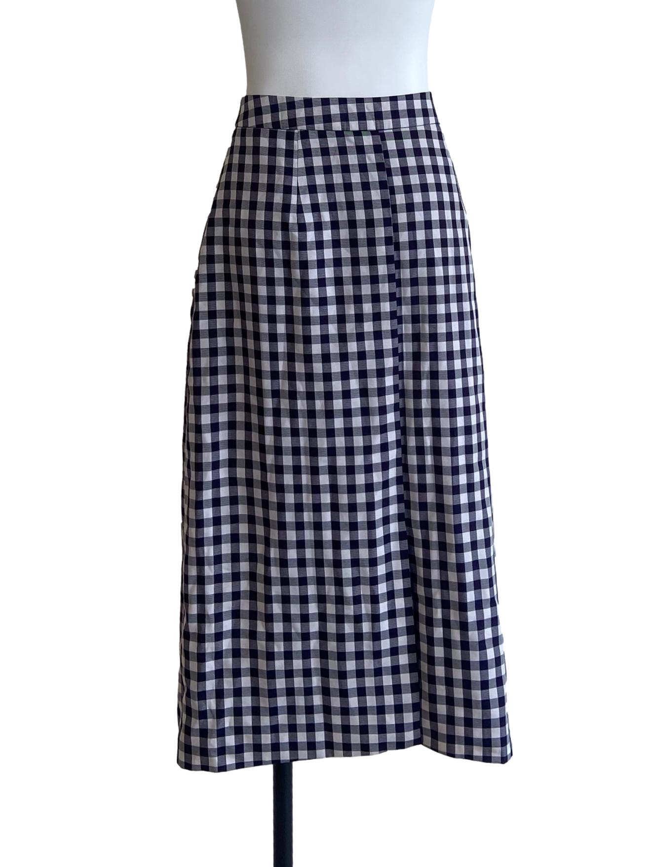 Navy Blue & White Plaid Slit A-Line Skirt