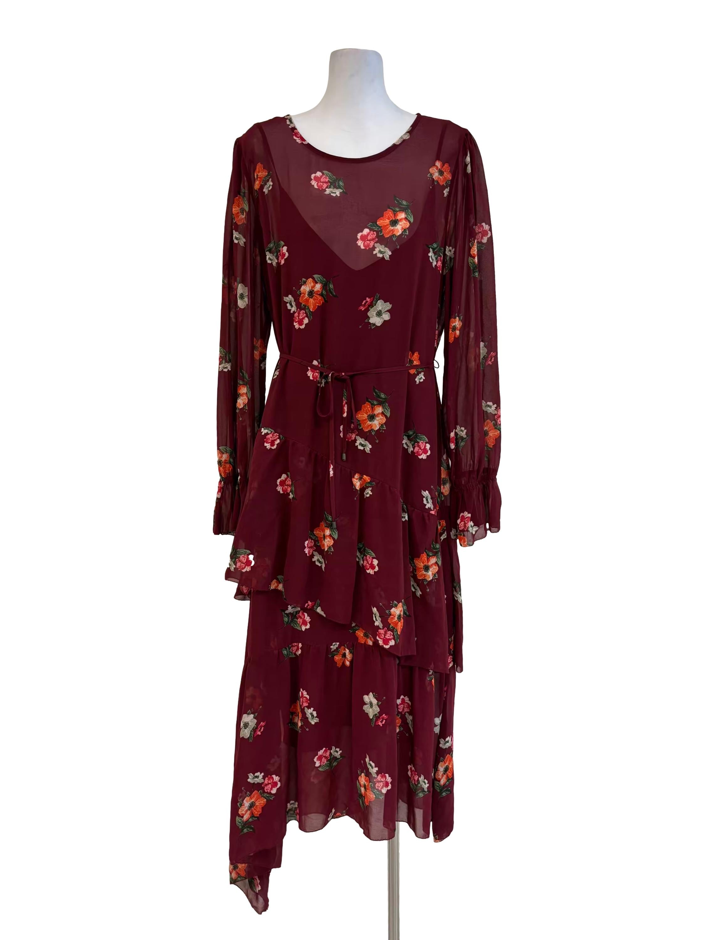 Maroon Red Long Sleeve Floral Chiffon Dress