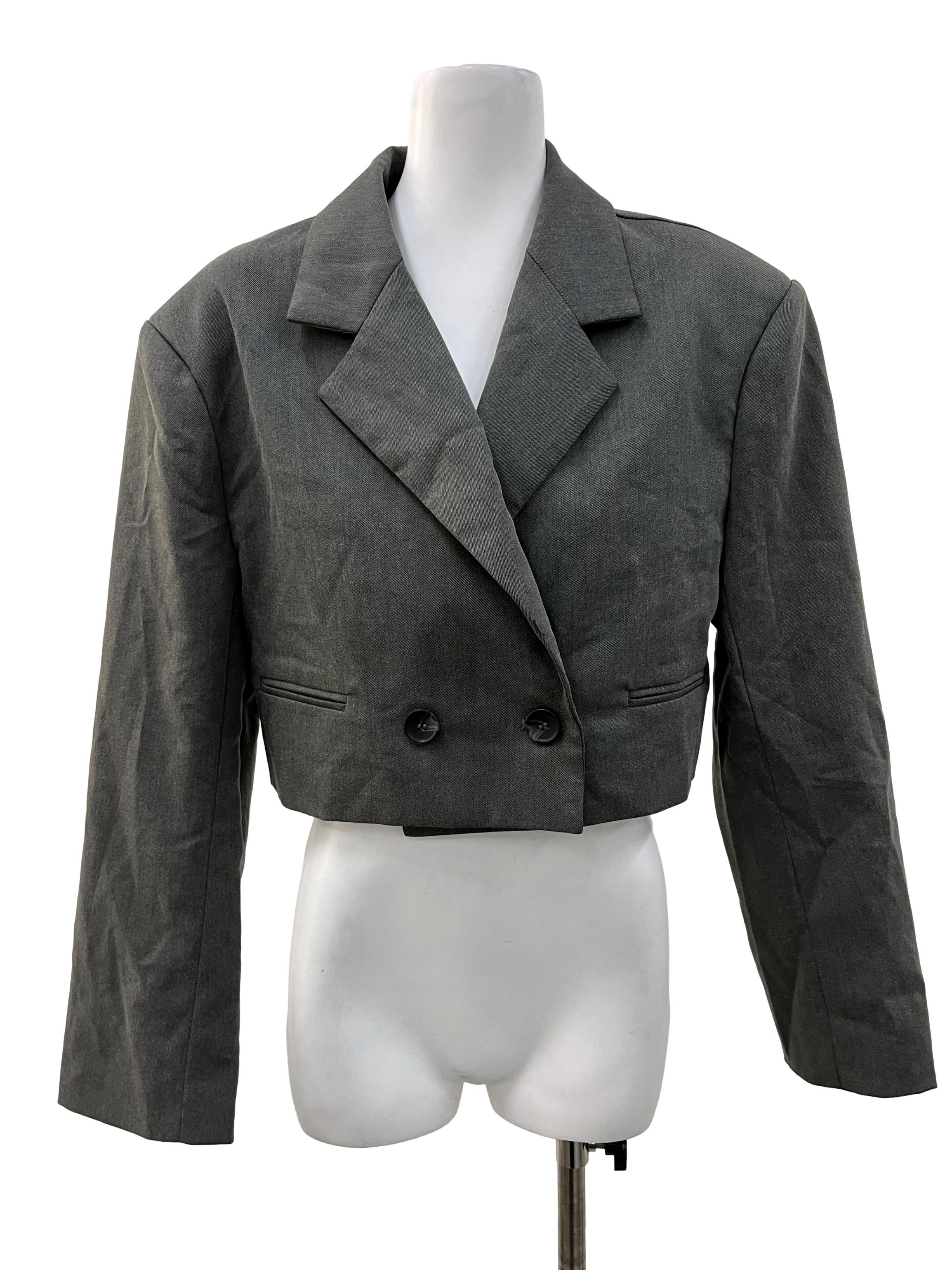 Grey Double Breasted Cropped Blazer