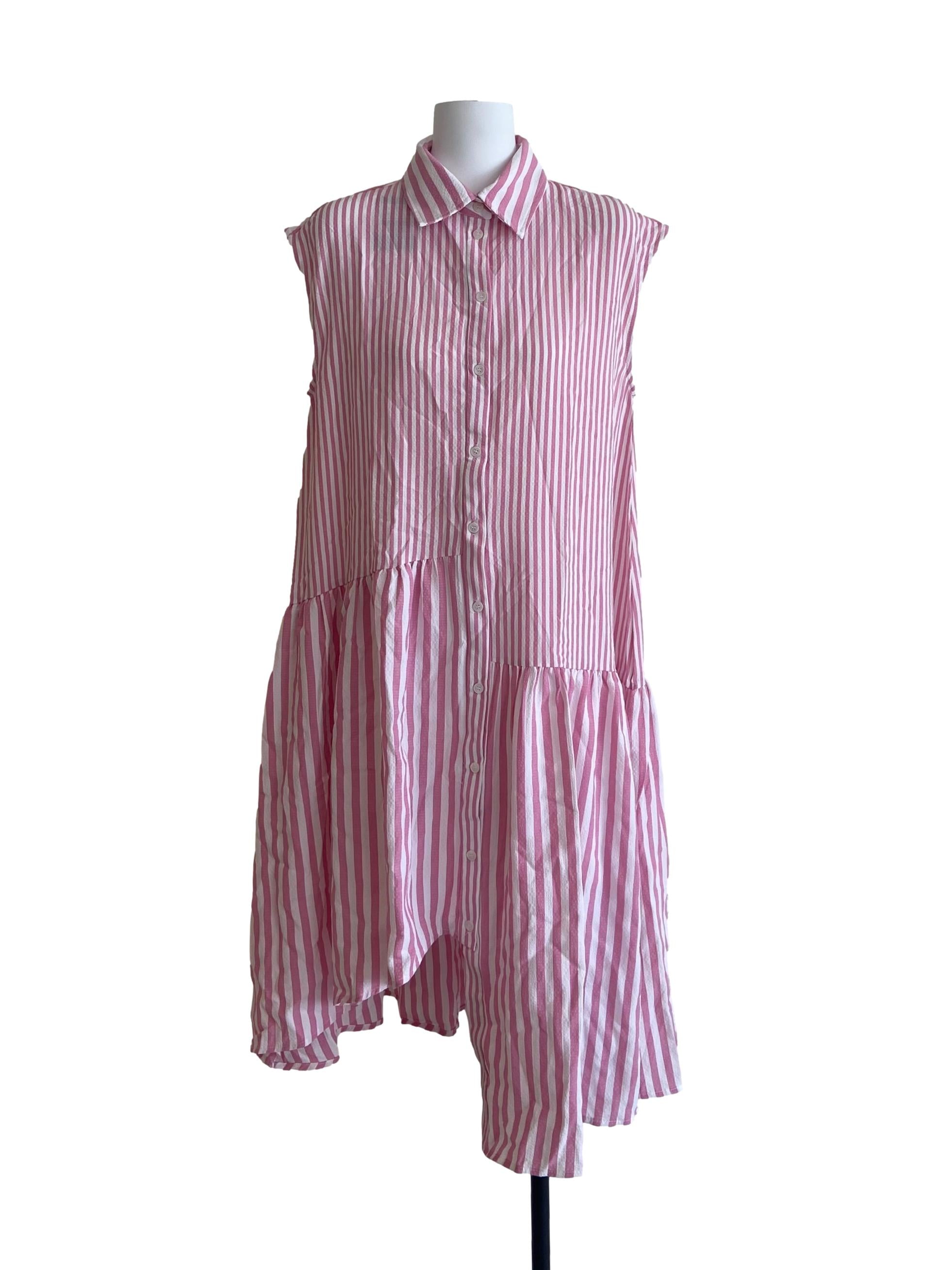Watermelon Pink & White Stripe Asymmetric Dress
