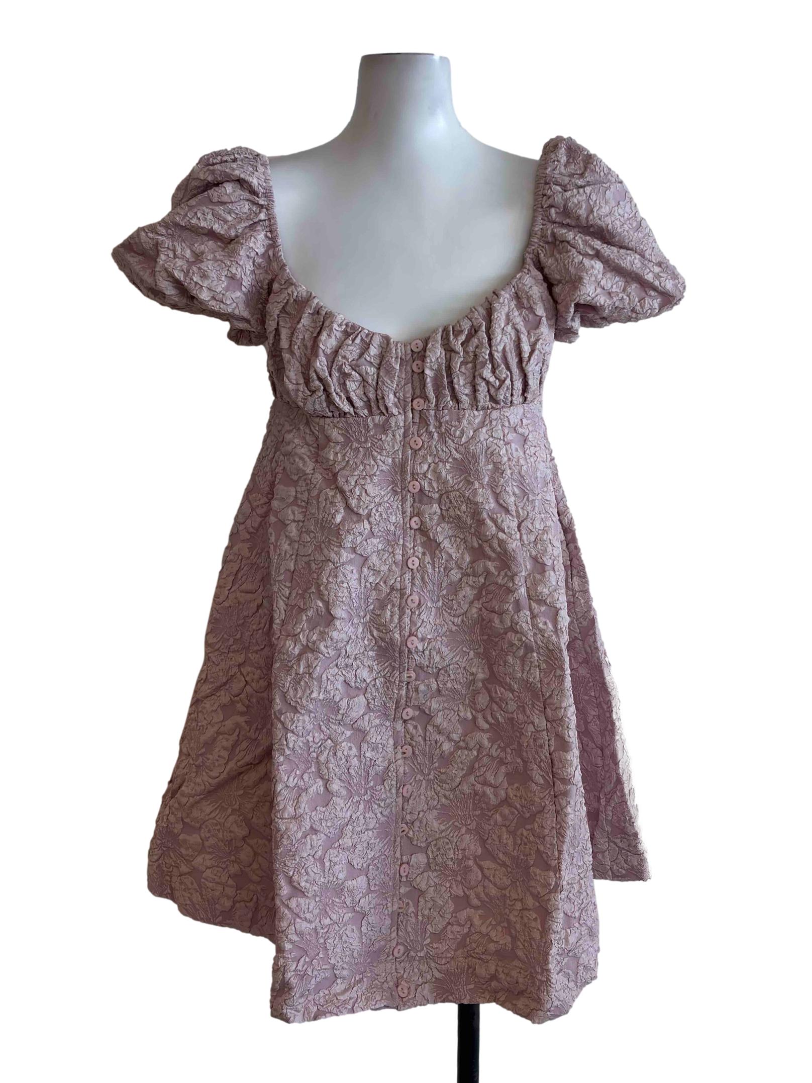 Mauve Pink Puff Sleeve Textured Mini Dress