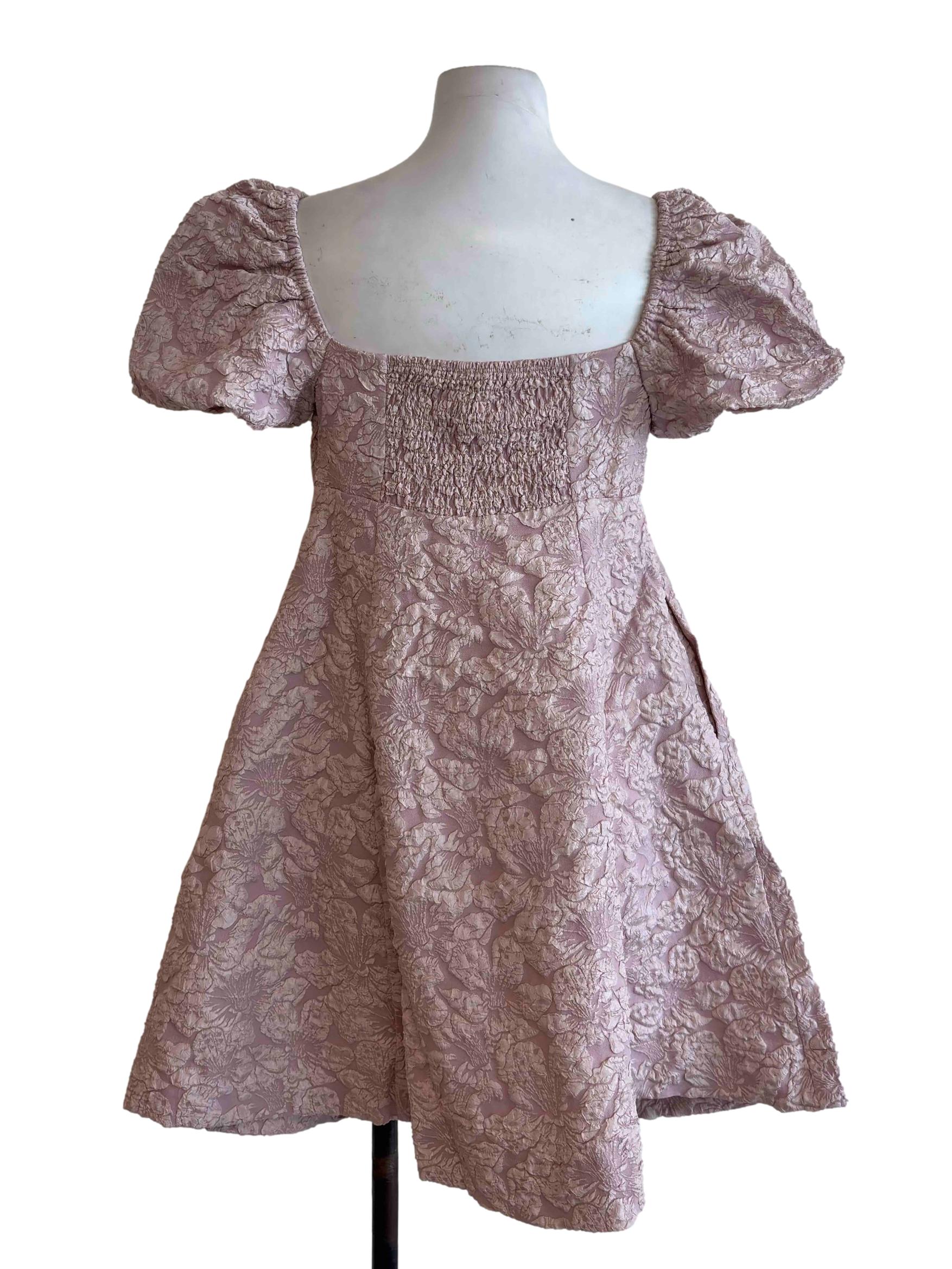 Mauve Pink Puff Sleeve Textured Mini Dress