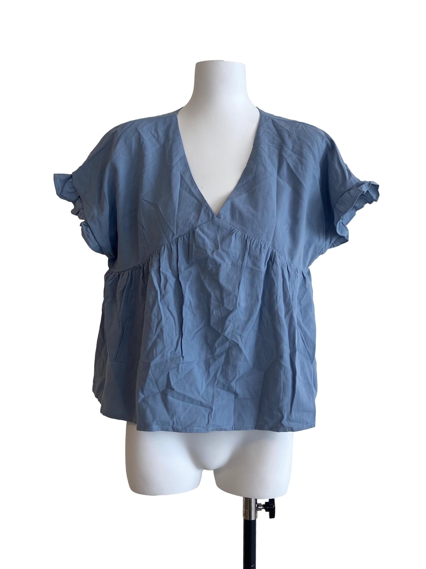 Blue V-Neck Ruffled Blouse