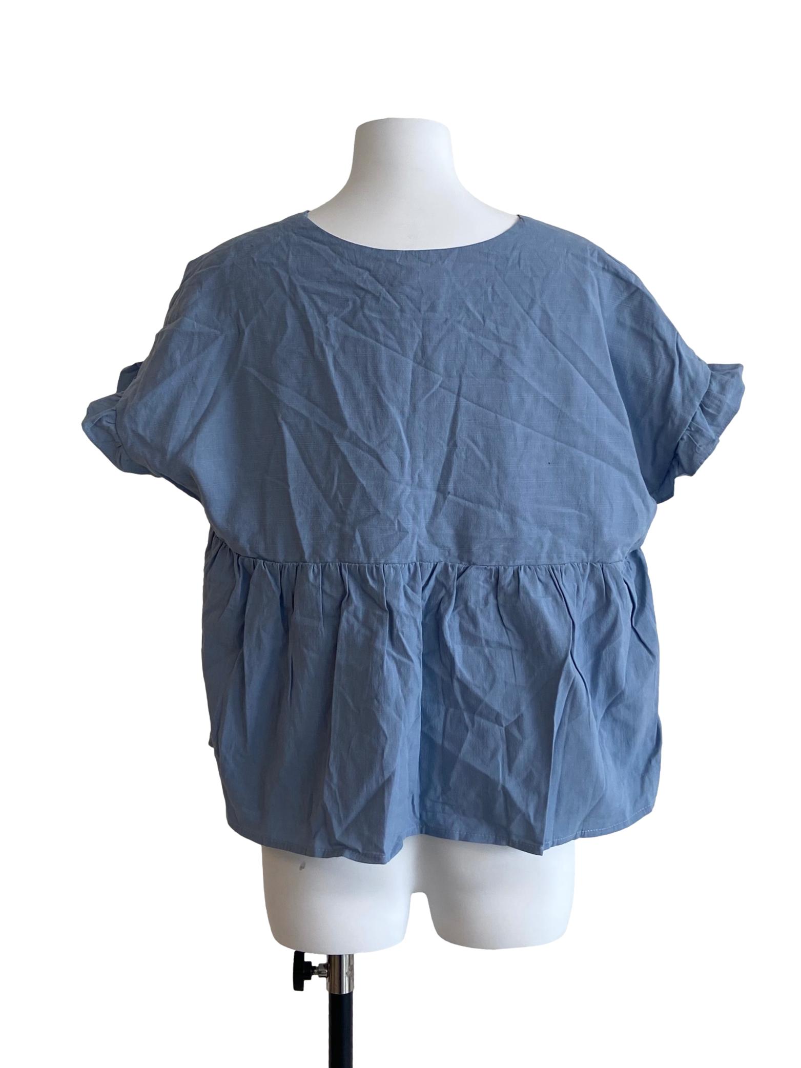 Blue V-Neck Ruffled Blouse