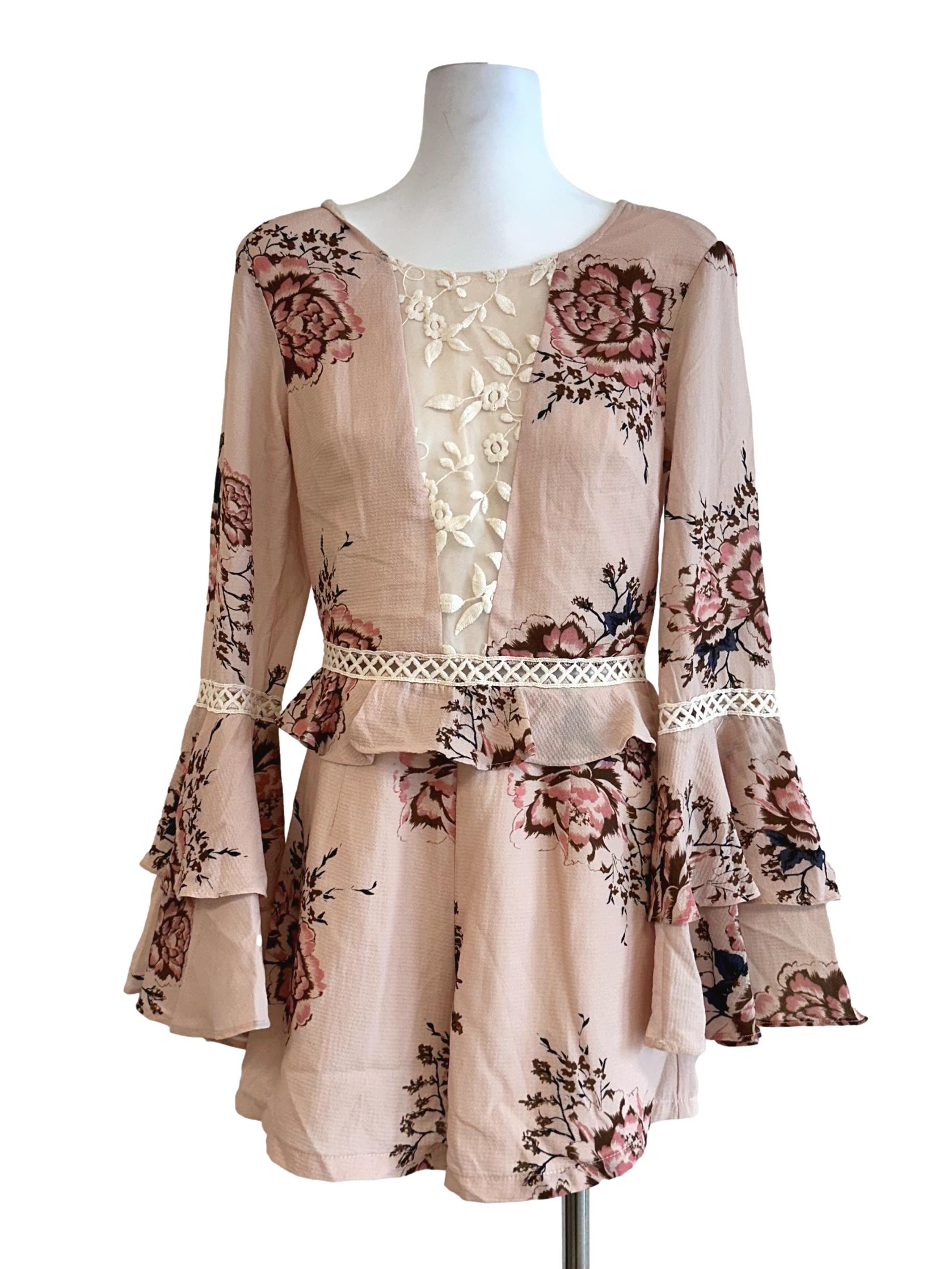 Peach Pink Flower Pattern Romper