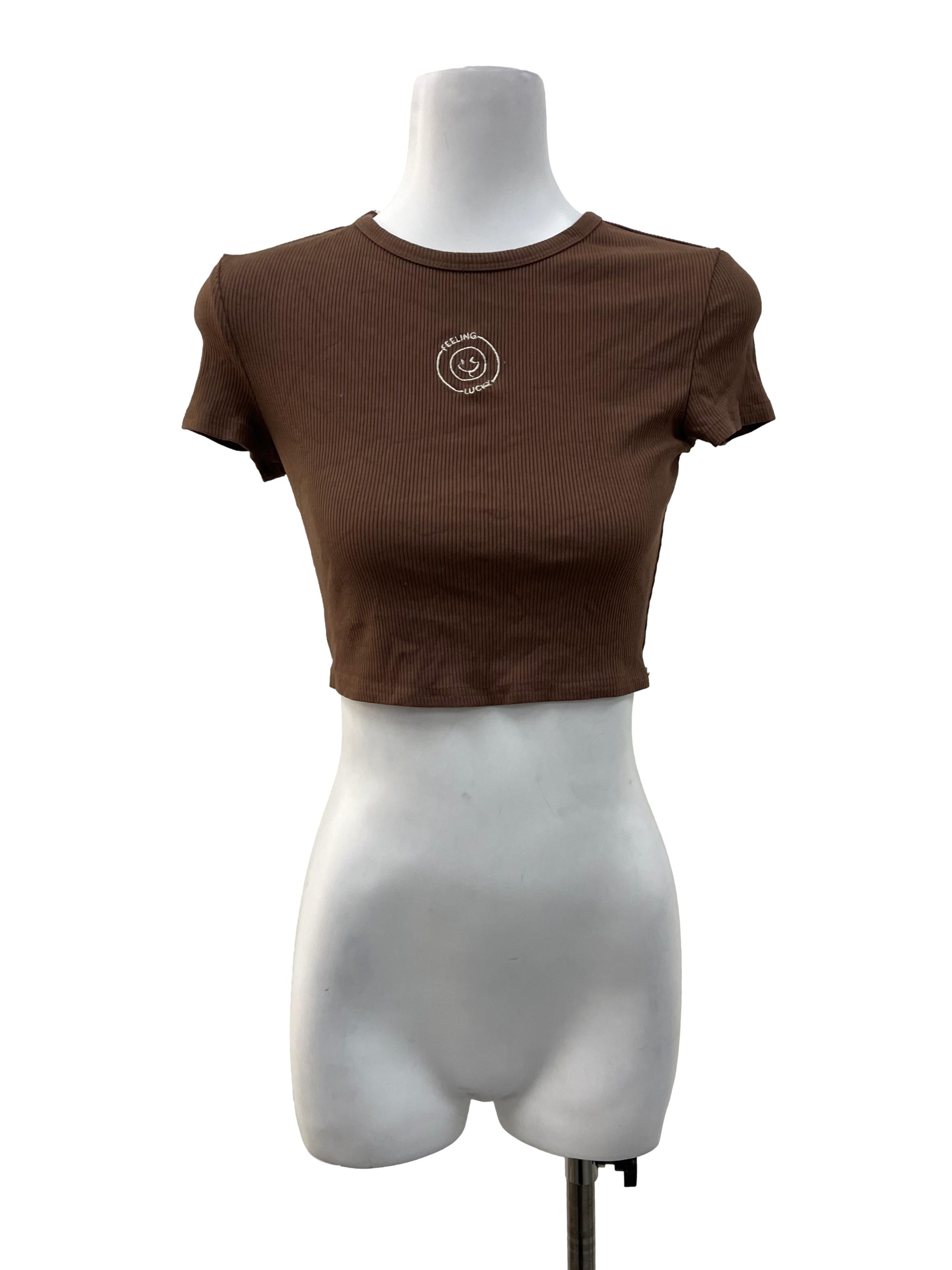 Brown Ribbed Feeling Lucky Crop Top