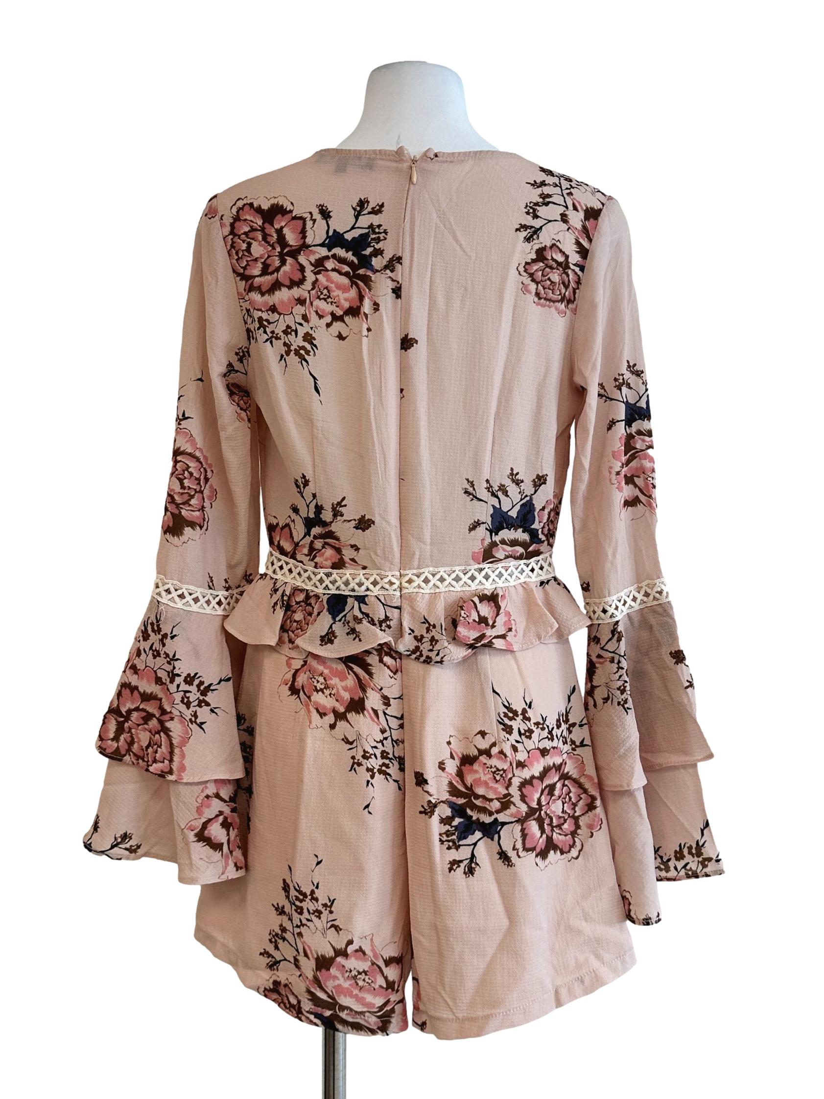 Peach Pink Flower Pattern Romper