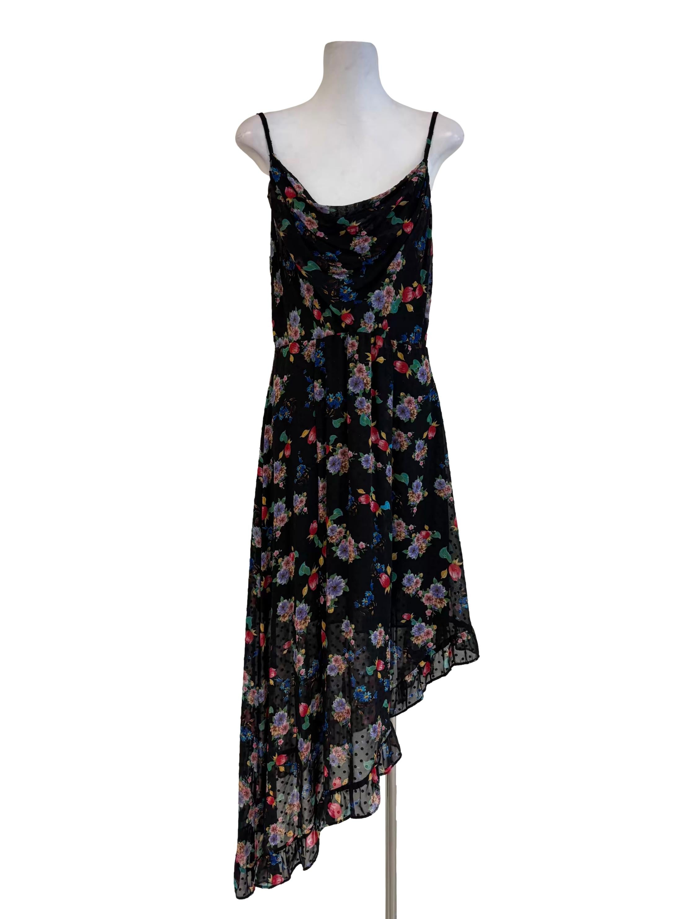Jet Black Floral Asymmetrical Cowl Dress