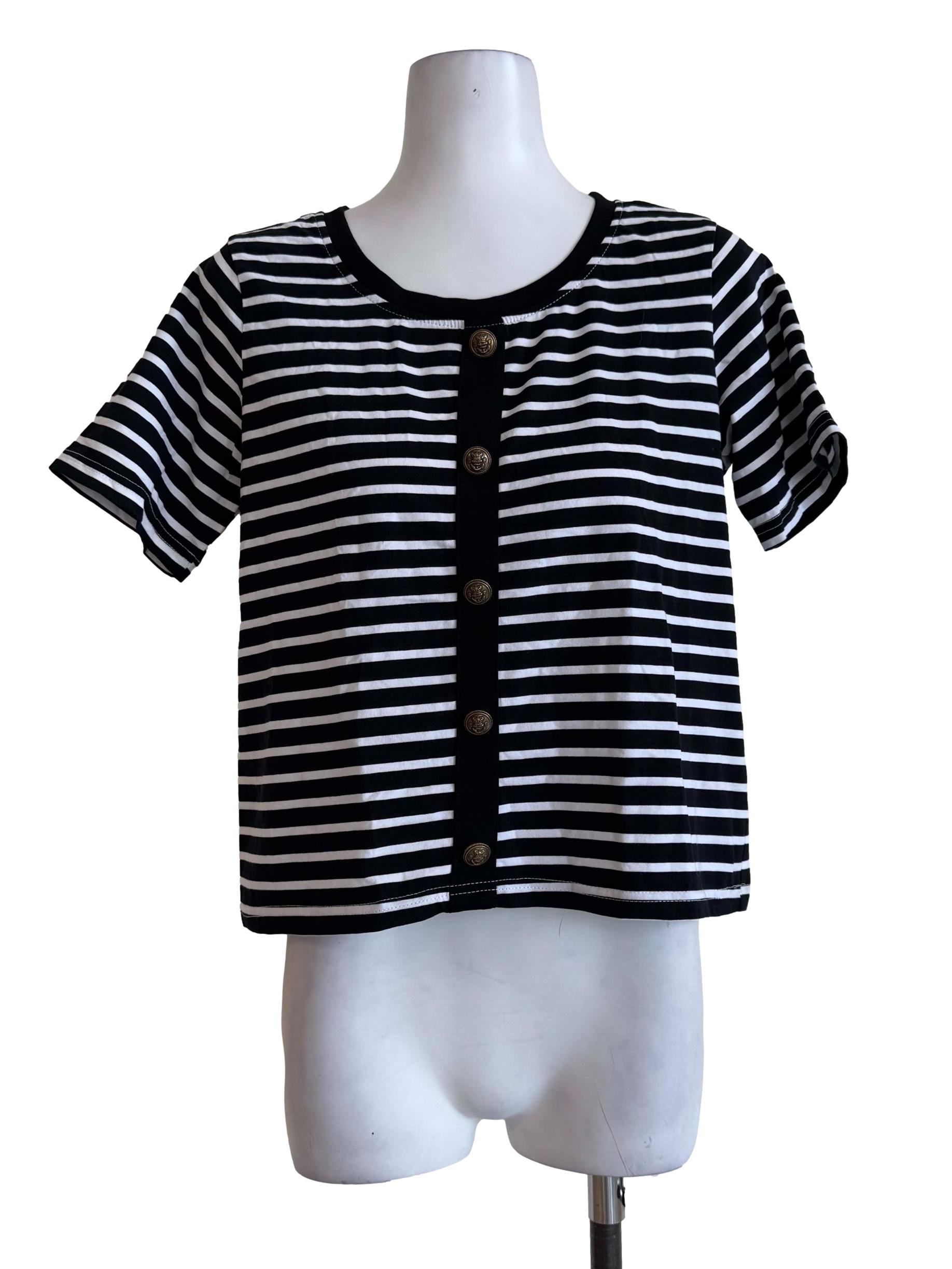 Ink Black Vertical Stripes With Bronze Buttons Short Sleeve Shirt