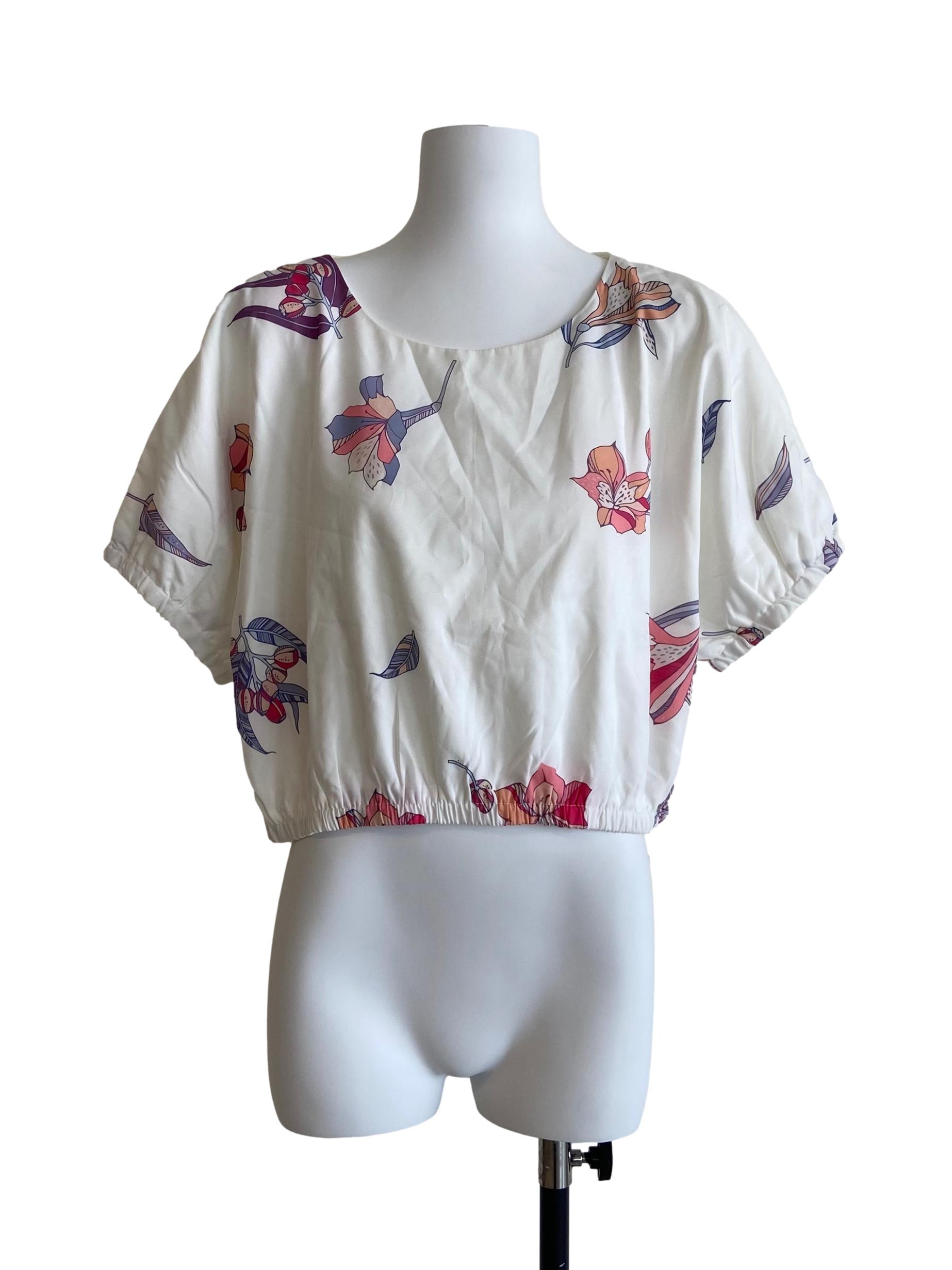White & Purple Floral Batwing Sleeve Crop Blouse