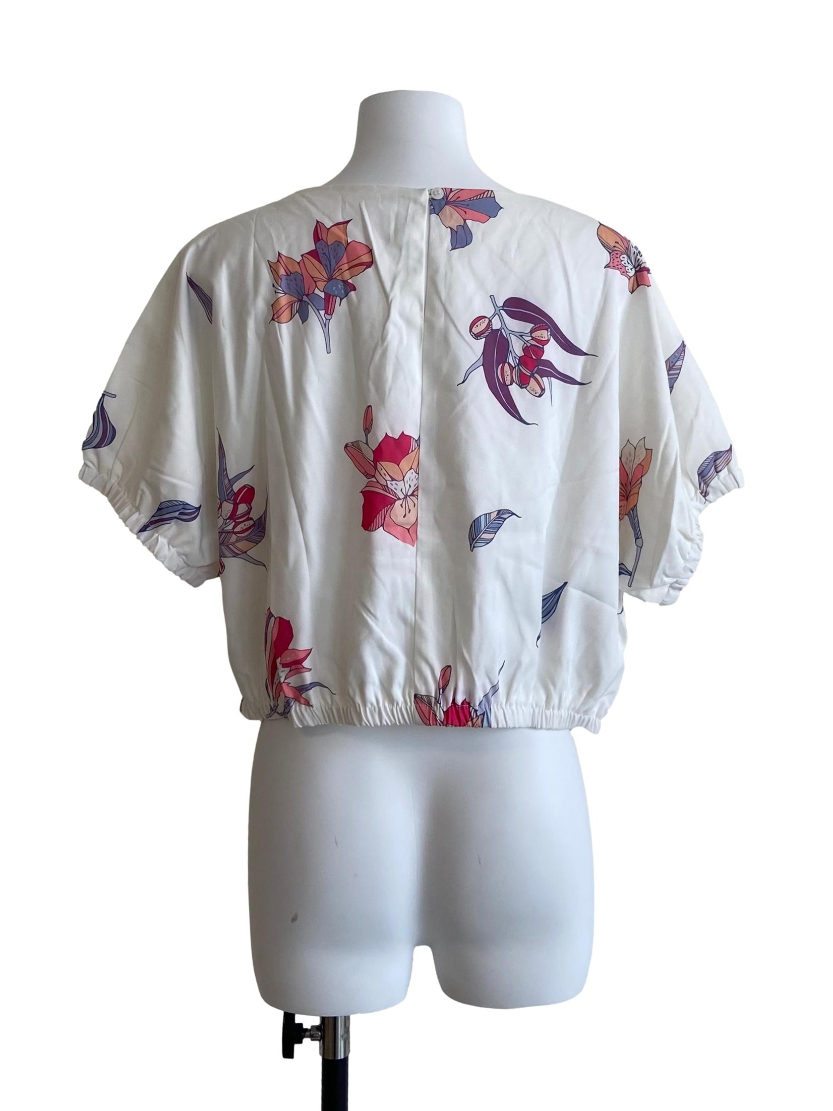 White & Purple Floral Batwing Sleeve Crop Blouse