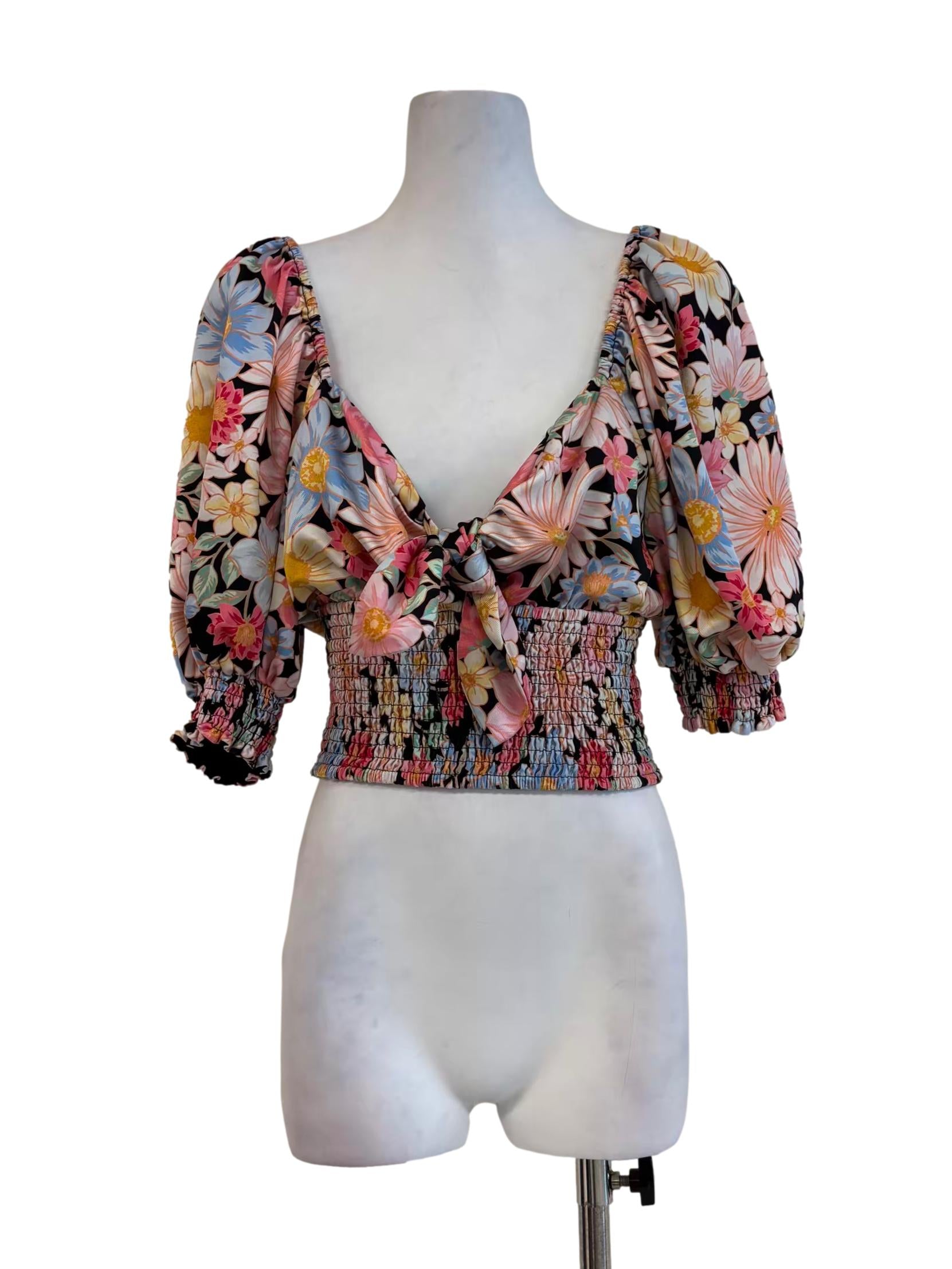 Multicolour Floral Front Tie Smocked Crop Top