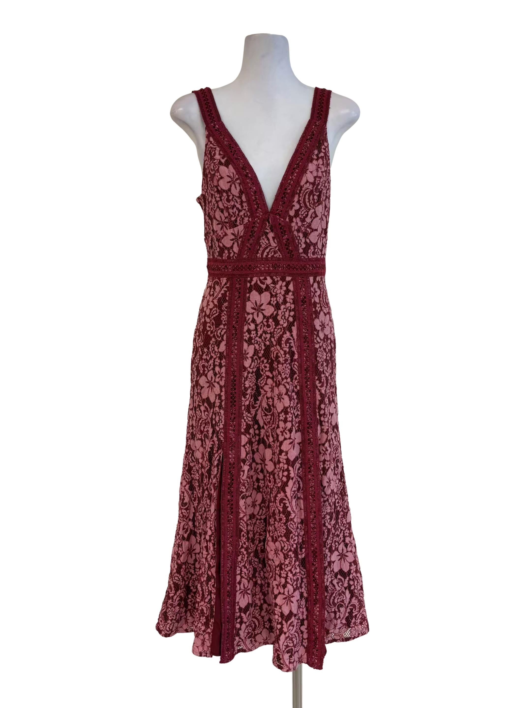 Ruby Maroon Floral Lace Dress