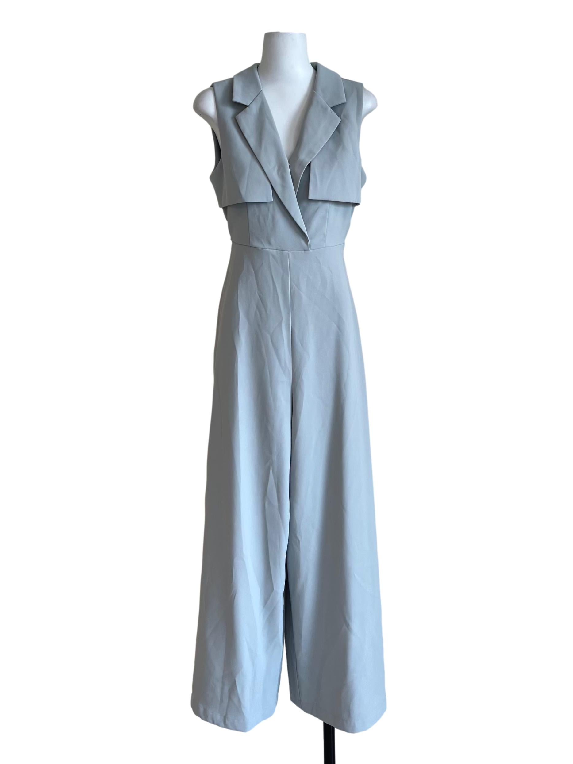 Frost Blue Notched Shirt Tie Back Jumpsuit