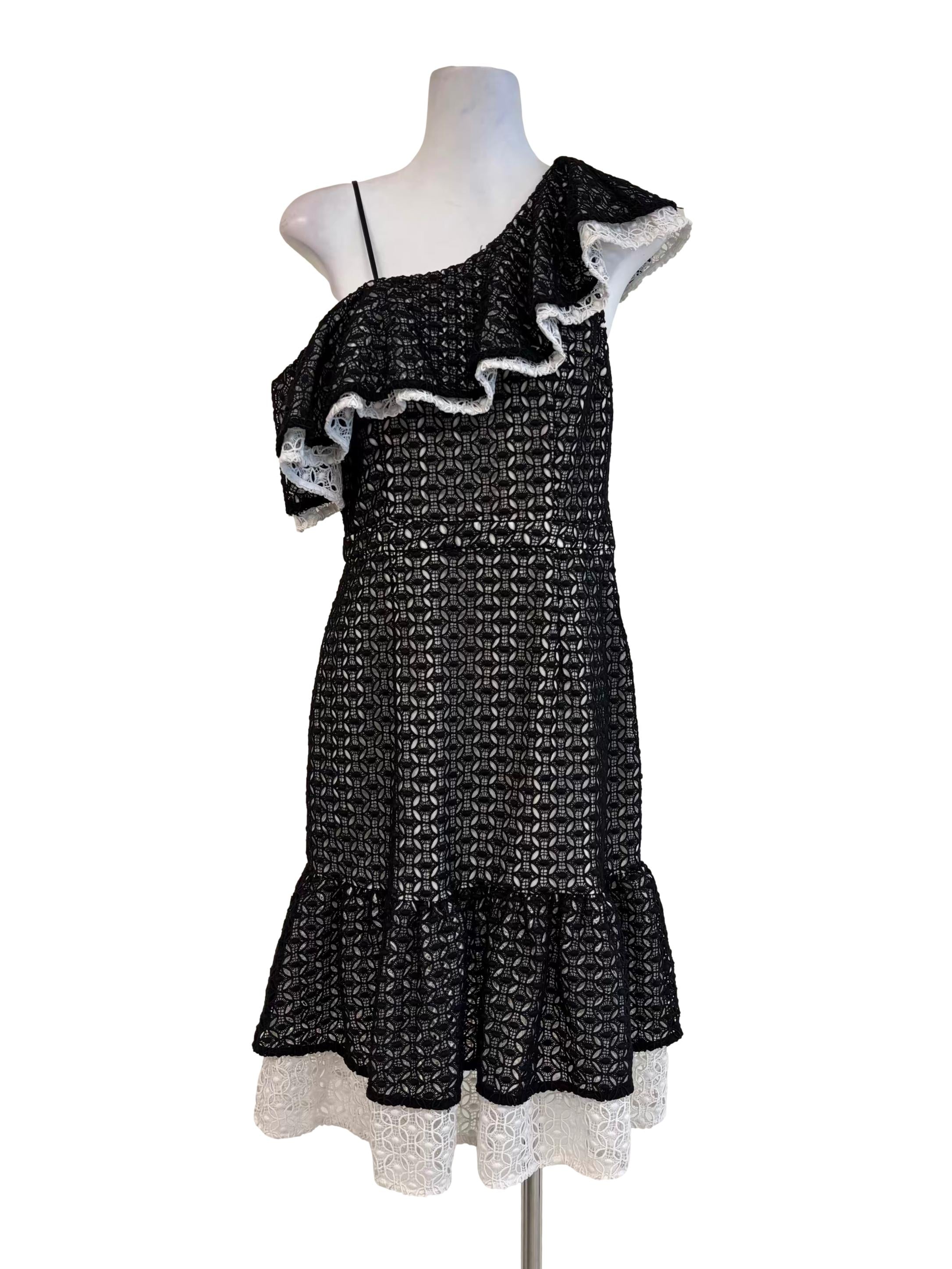 Black And White Knit Lace One Shoulder Ruffle Dress