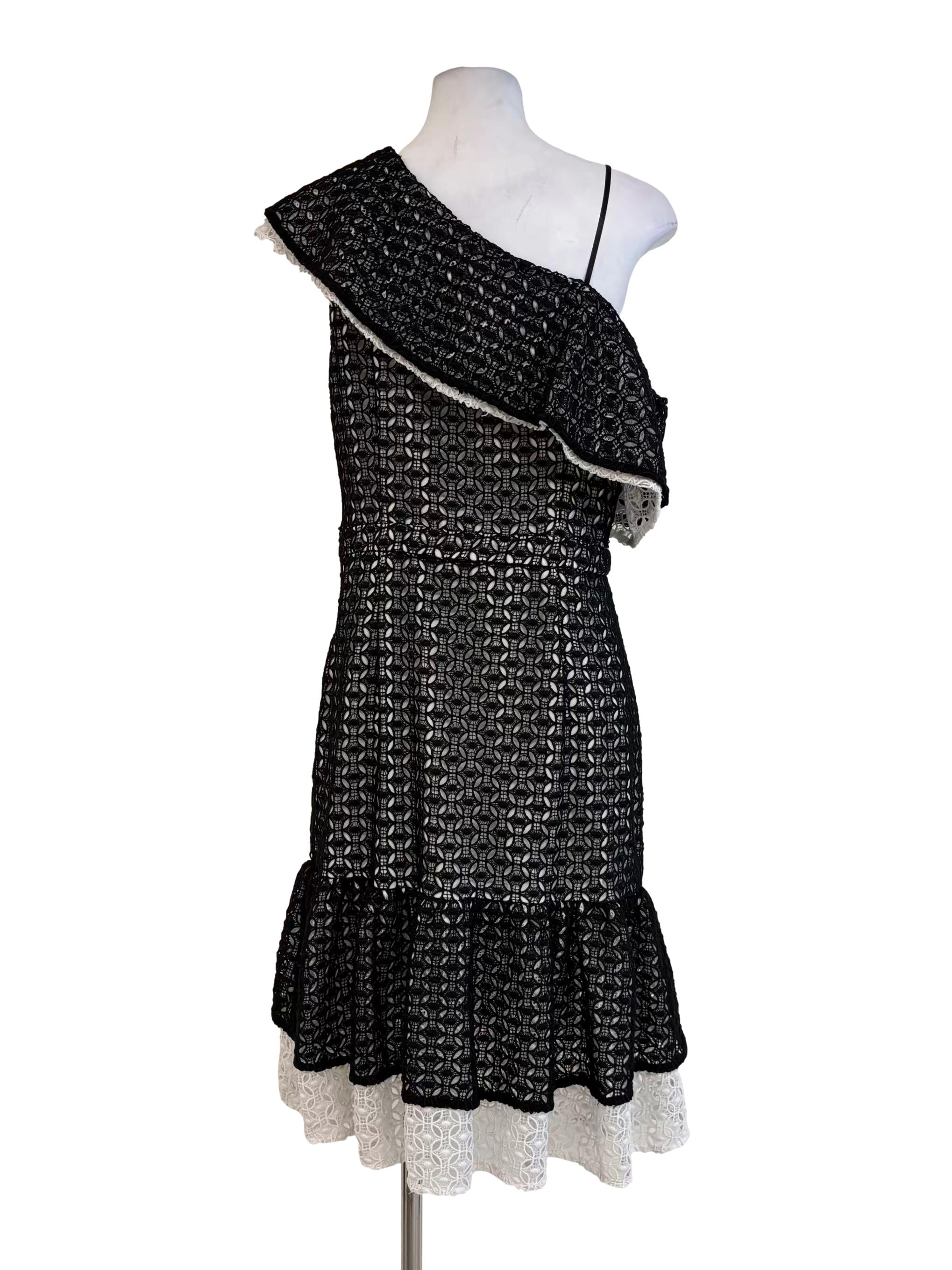 Black And White Knit Lace One Shoulder Ruffle Dress