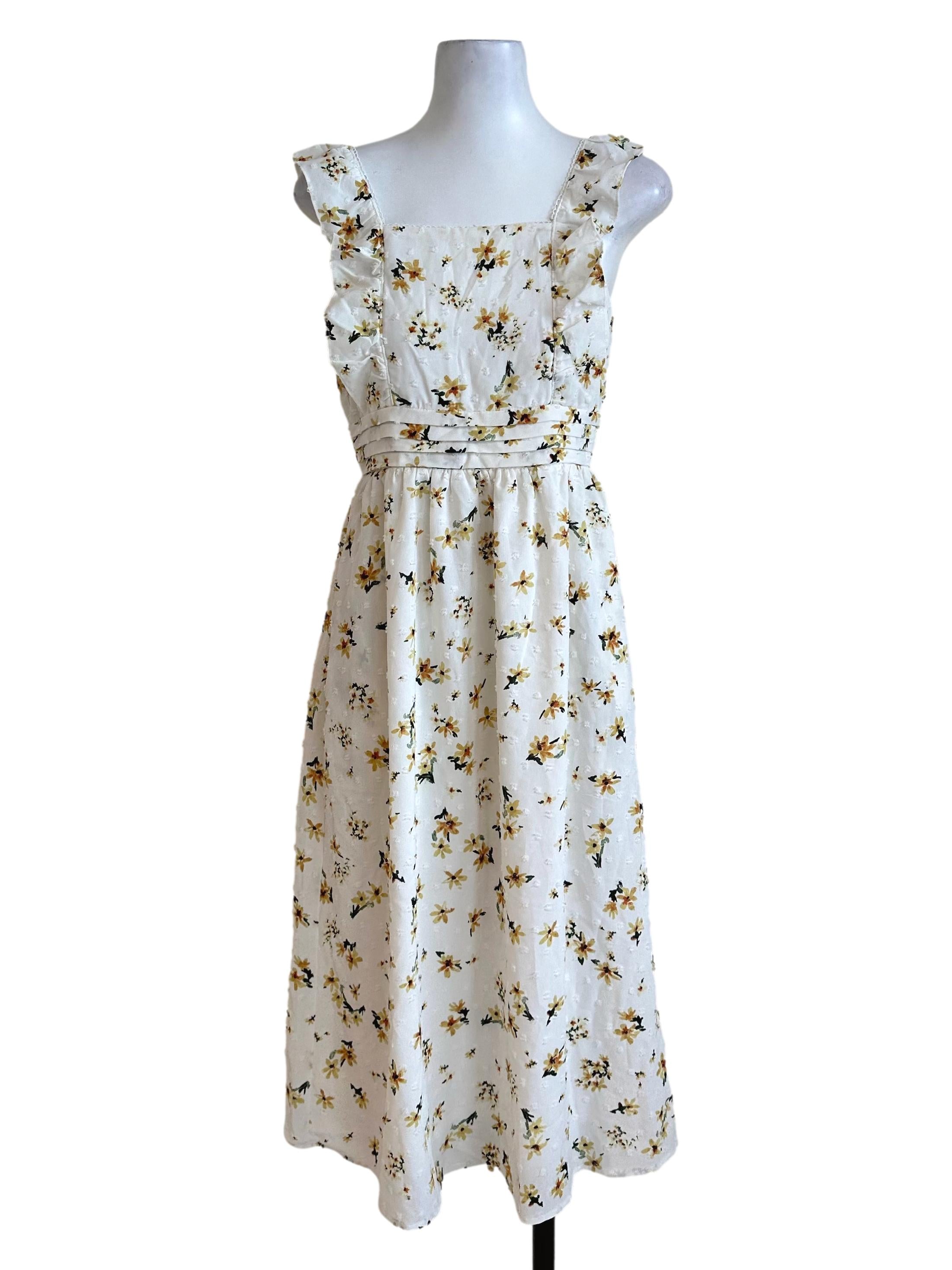Pearl White Floral Ruffle Textured Apron Dress