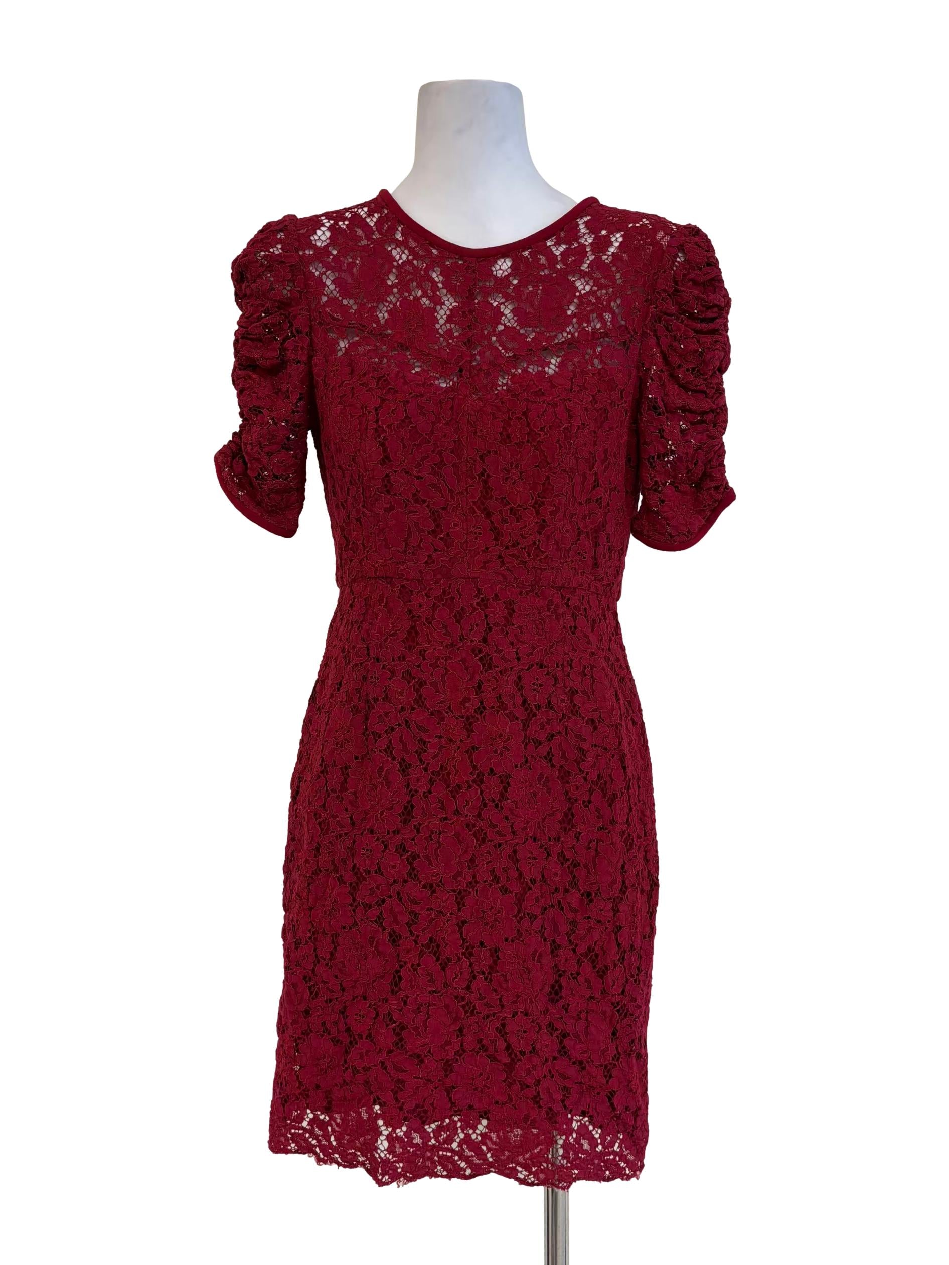 Carmine Red Ruched Shoulder Lace Dress