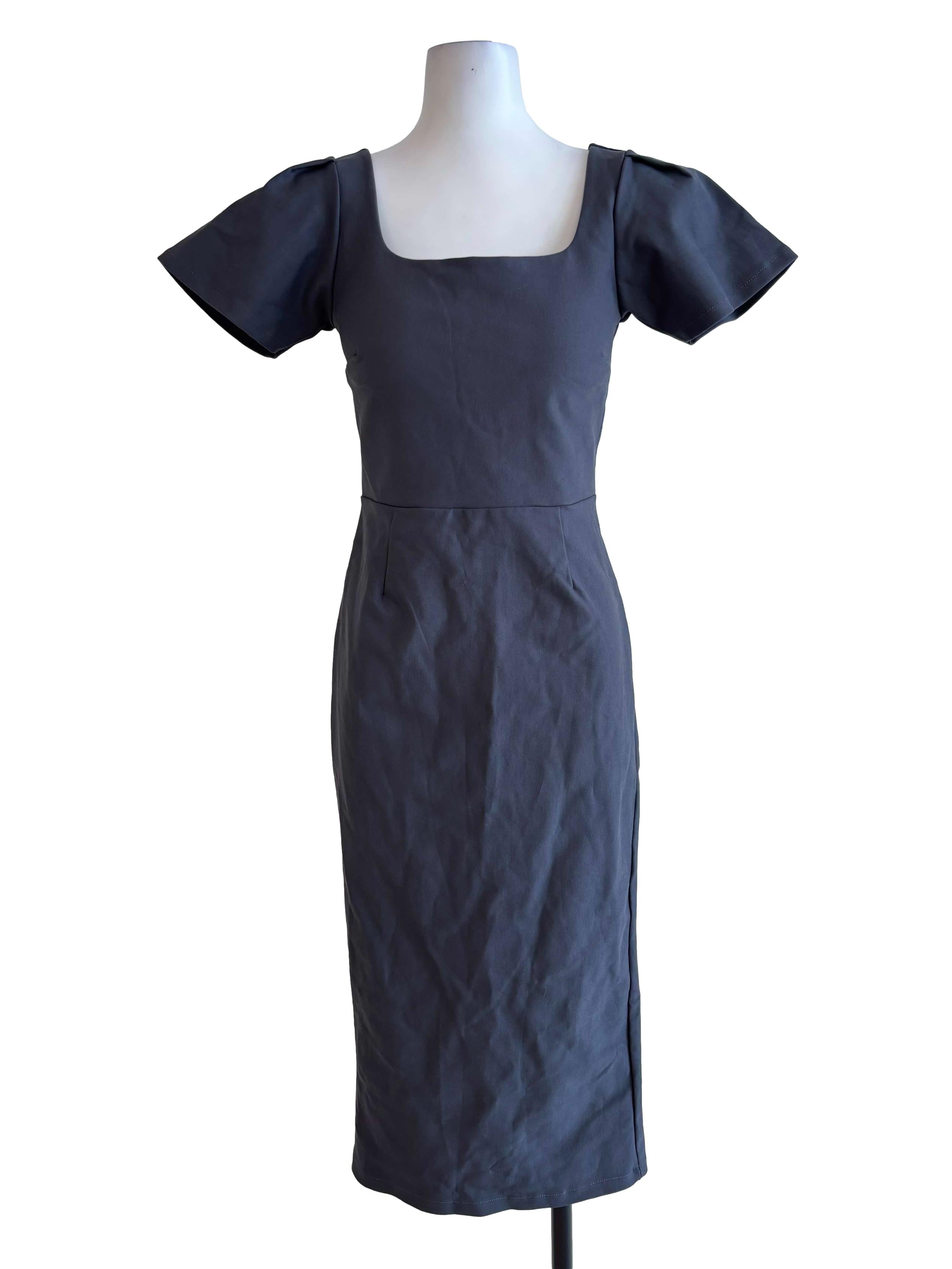 Grey Square Neck Fitted Dress