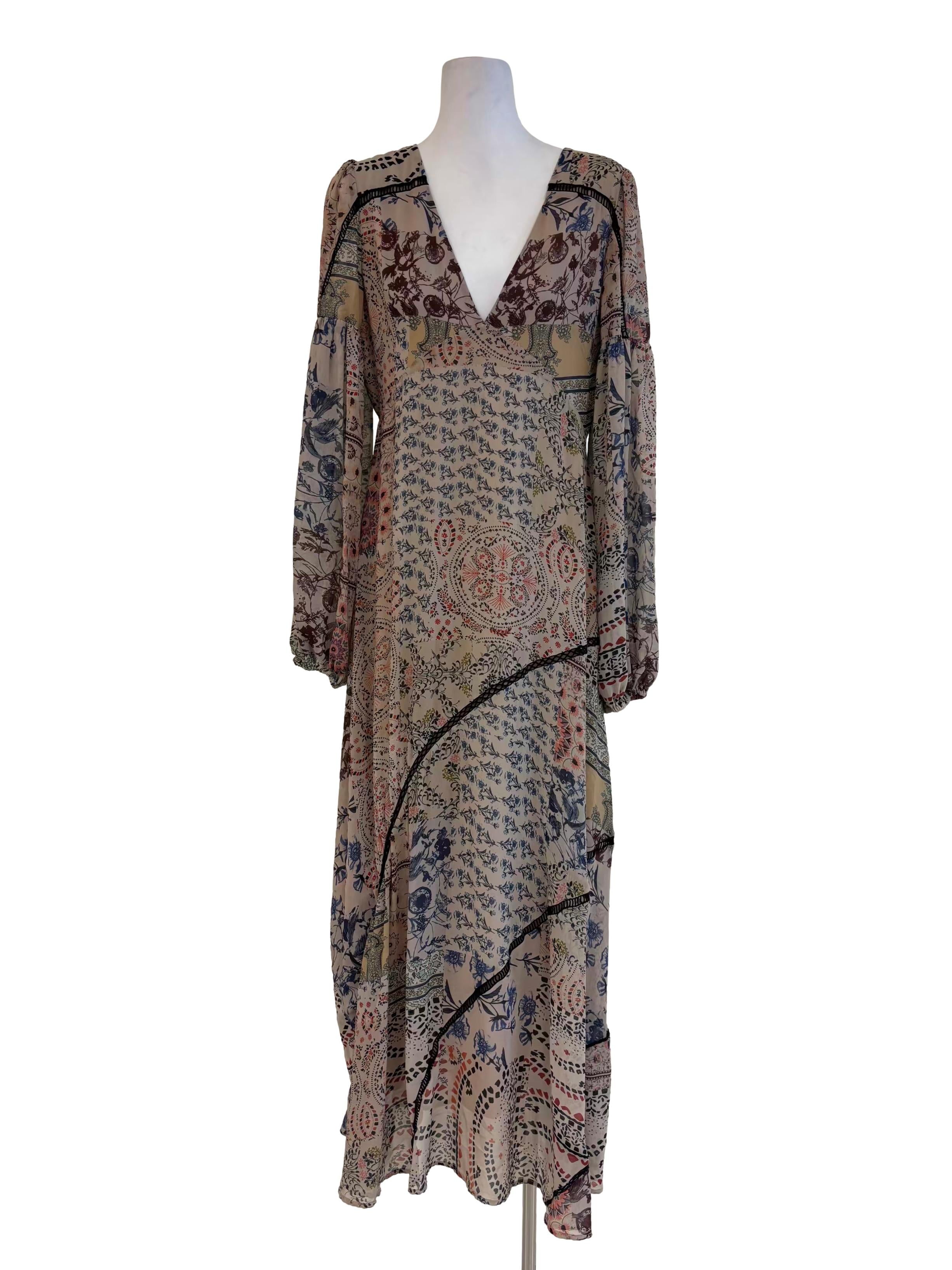 Oyster Beige Printed Long Sleeve Maxi Dress