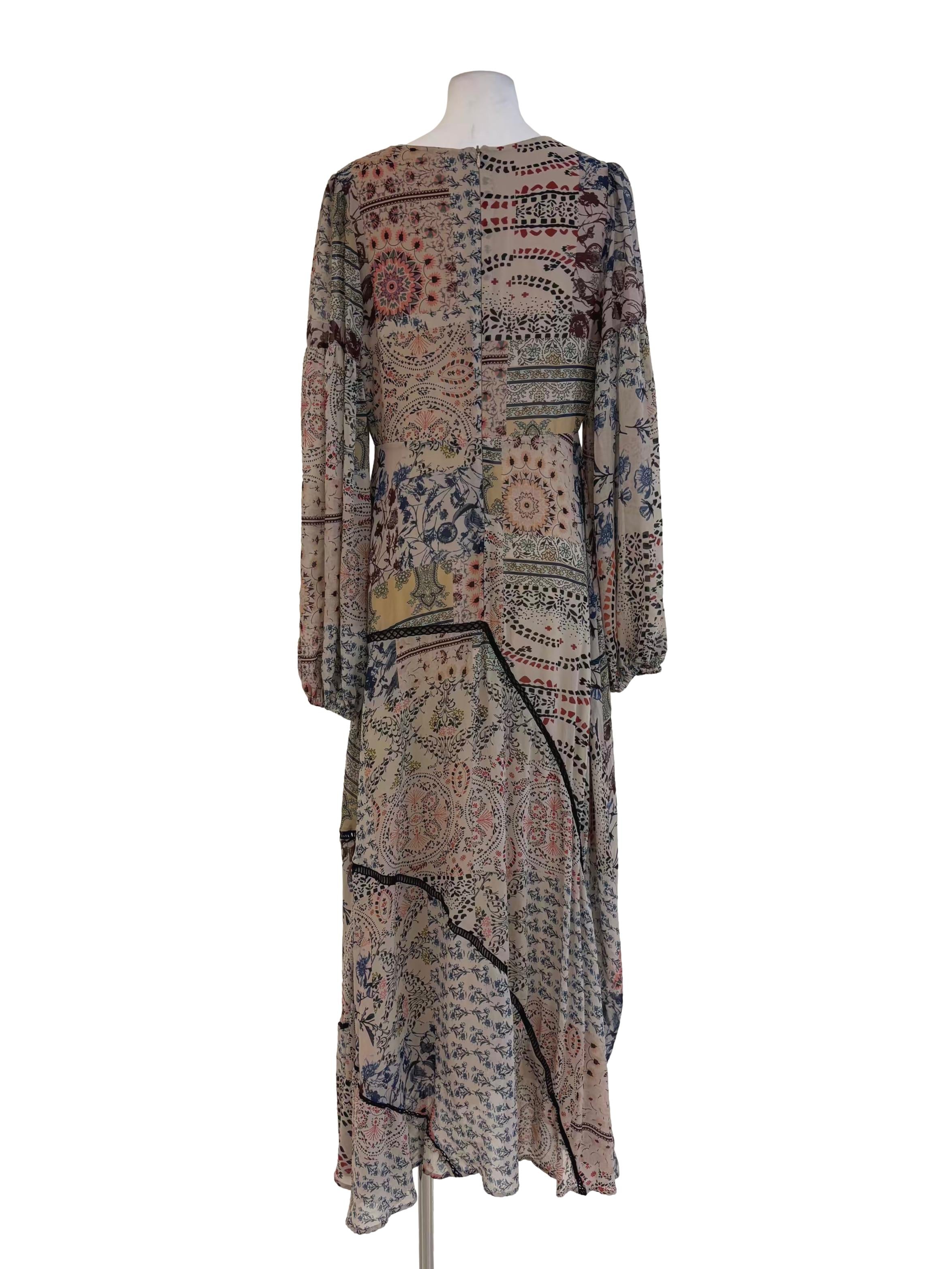 Oyster Beige Printed Long Sleeve Maxi Dress