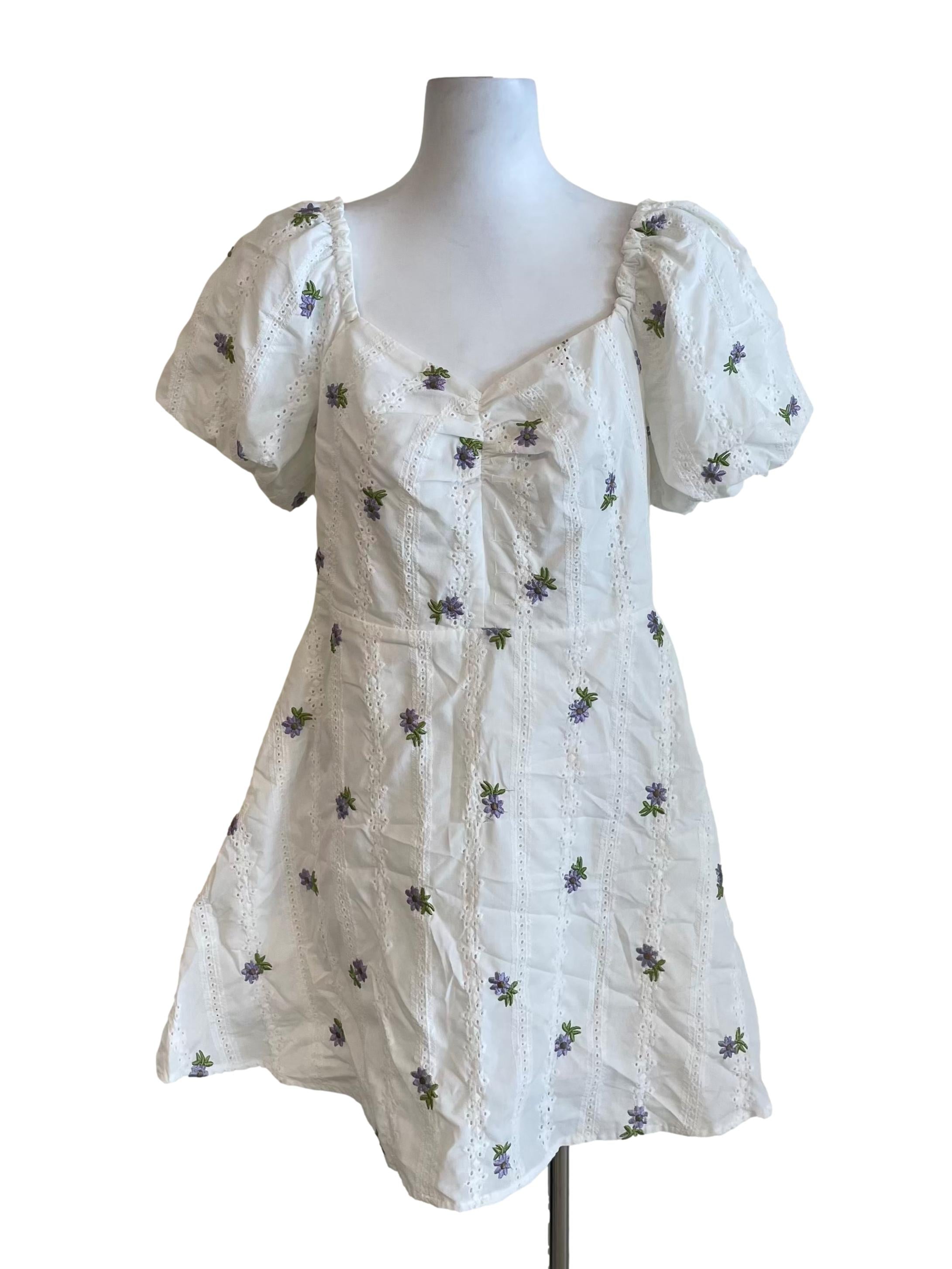 White Eyelet Floral Puff Sleeves Dress