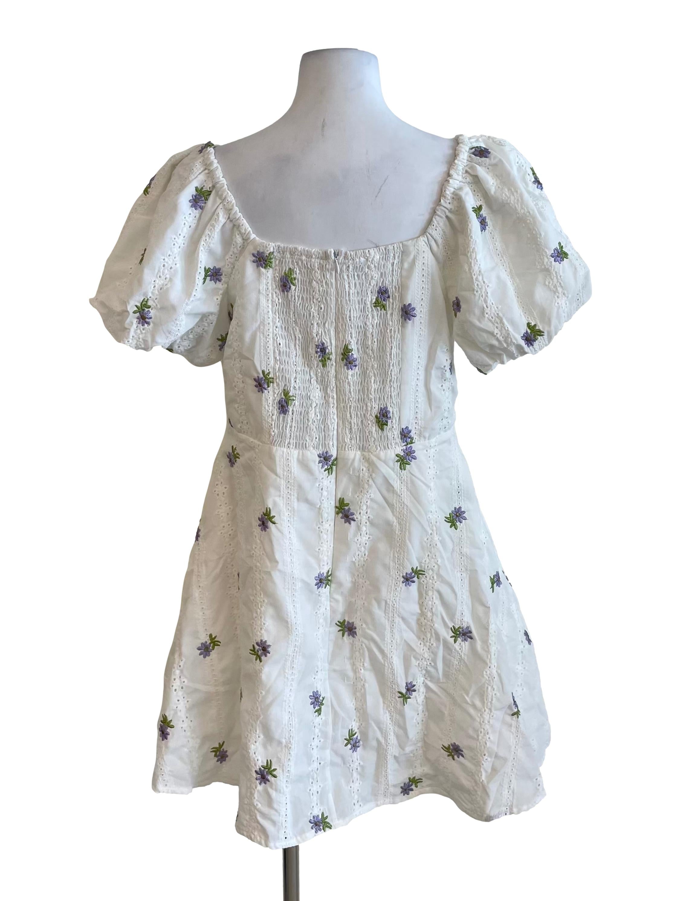 White Eyelet Floral Puff Sleeves Dress