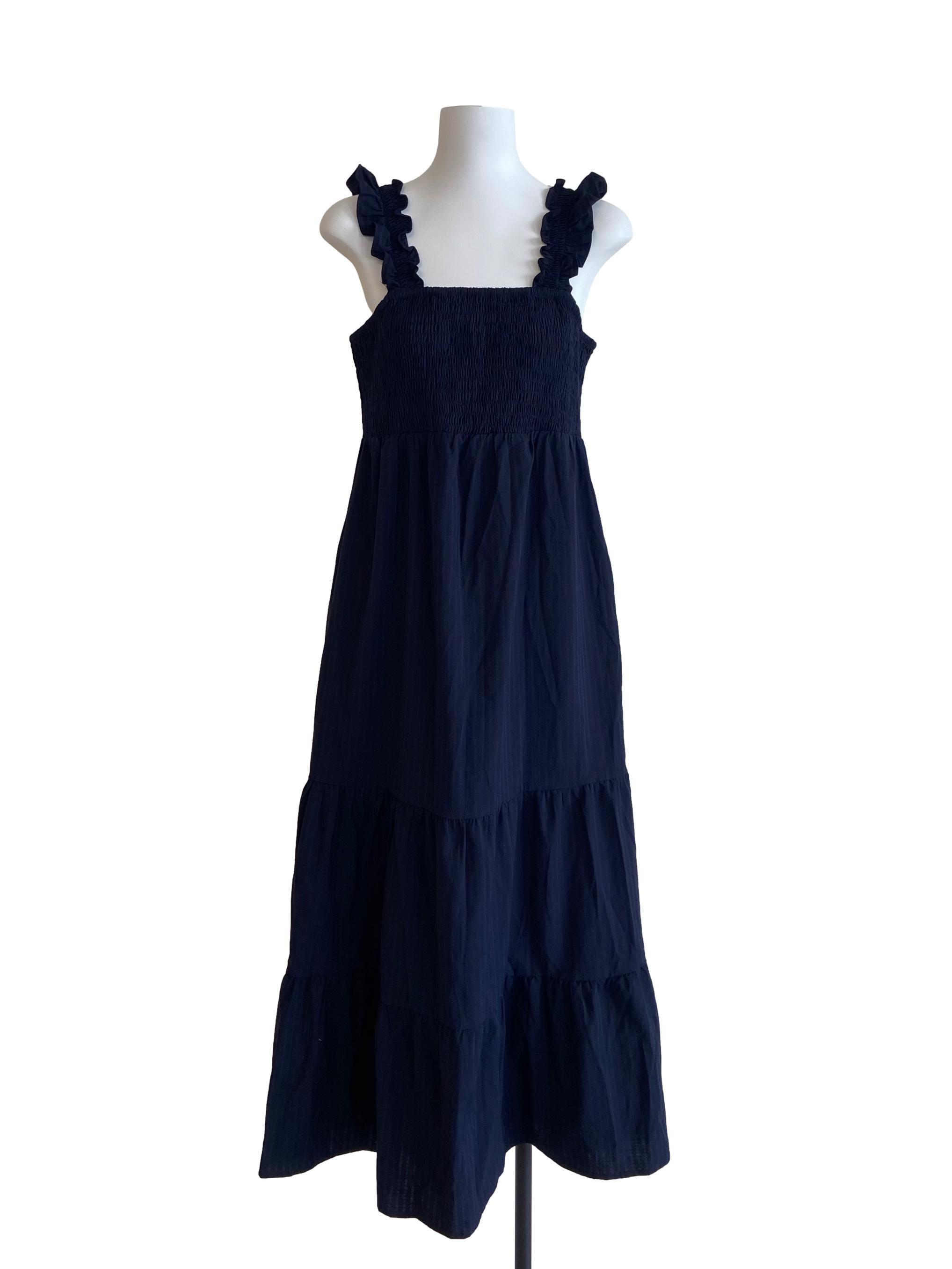 Navy Blue Ruffled Square Neck Drop Waist Dress