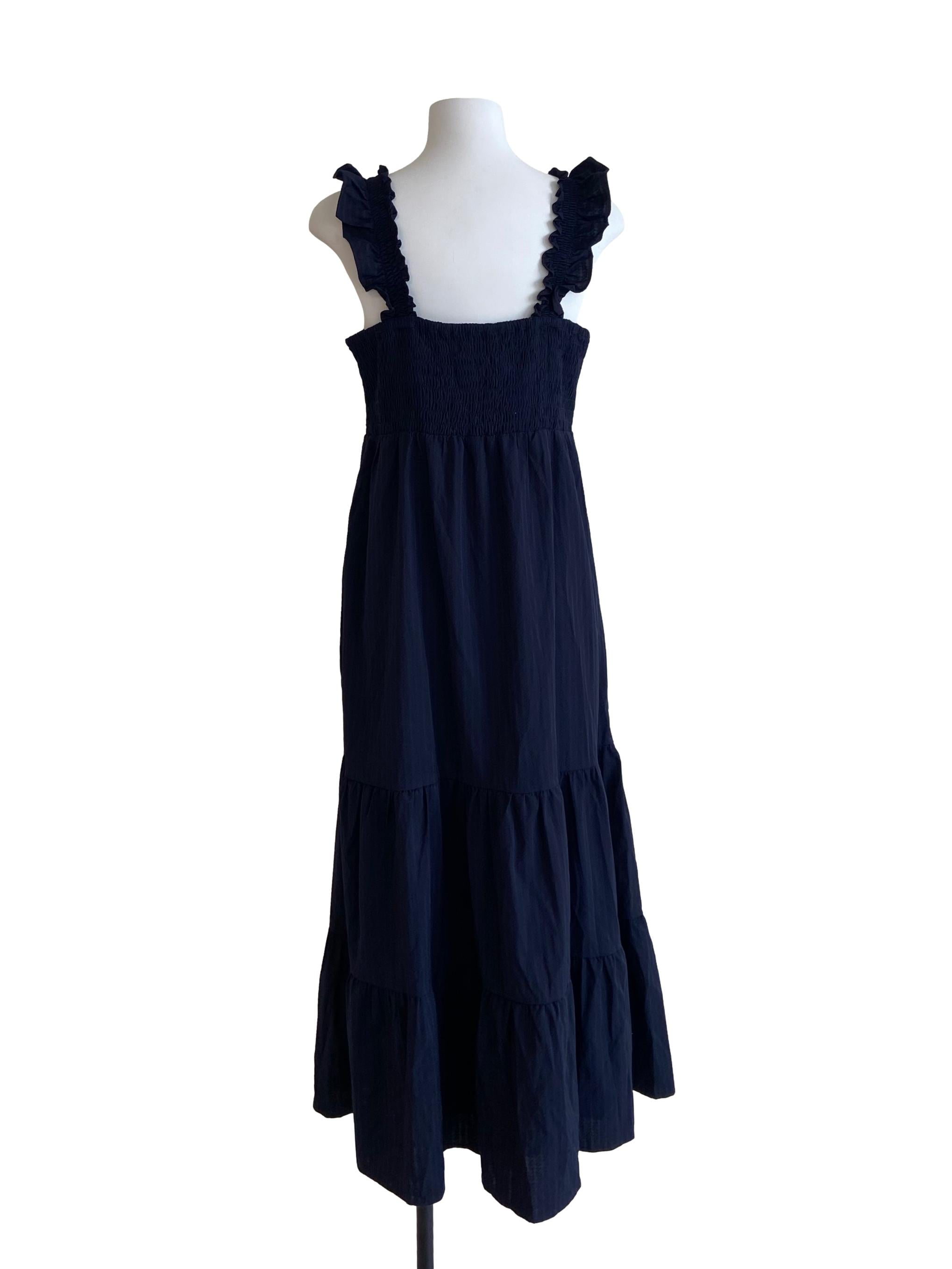 Navy Blue Ruffled Square Neck Drop Waist Dress