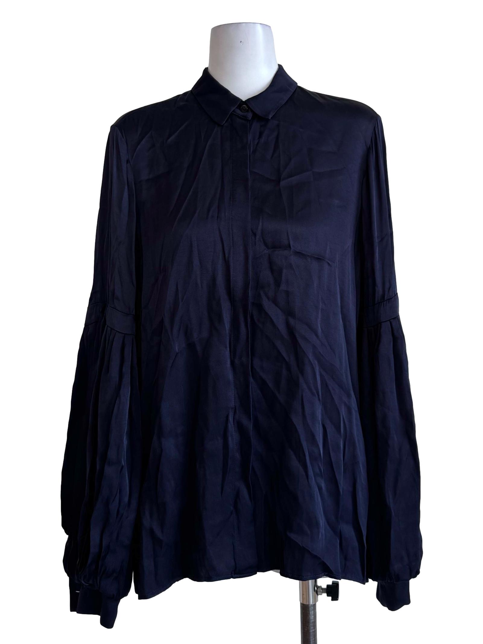 Silky Navy Blue Long Bell Sleeve Blouse