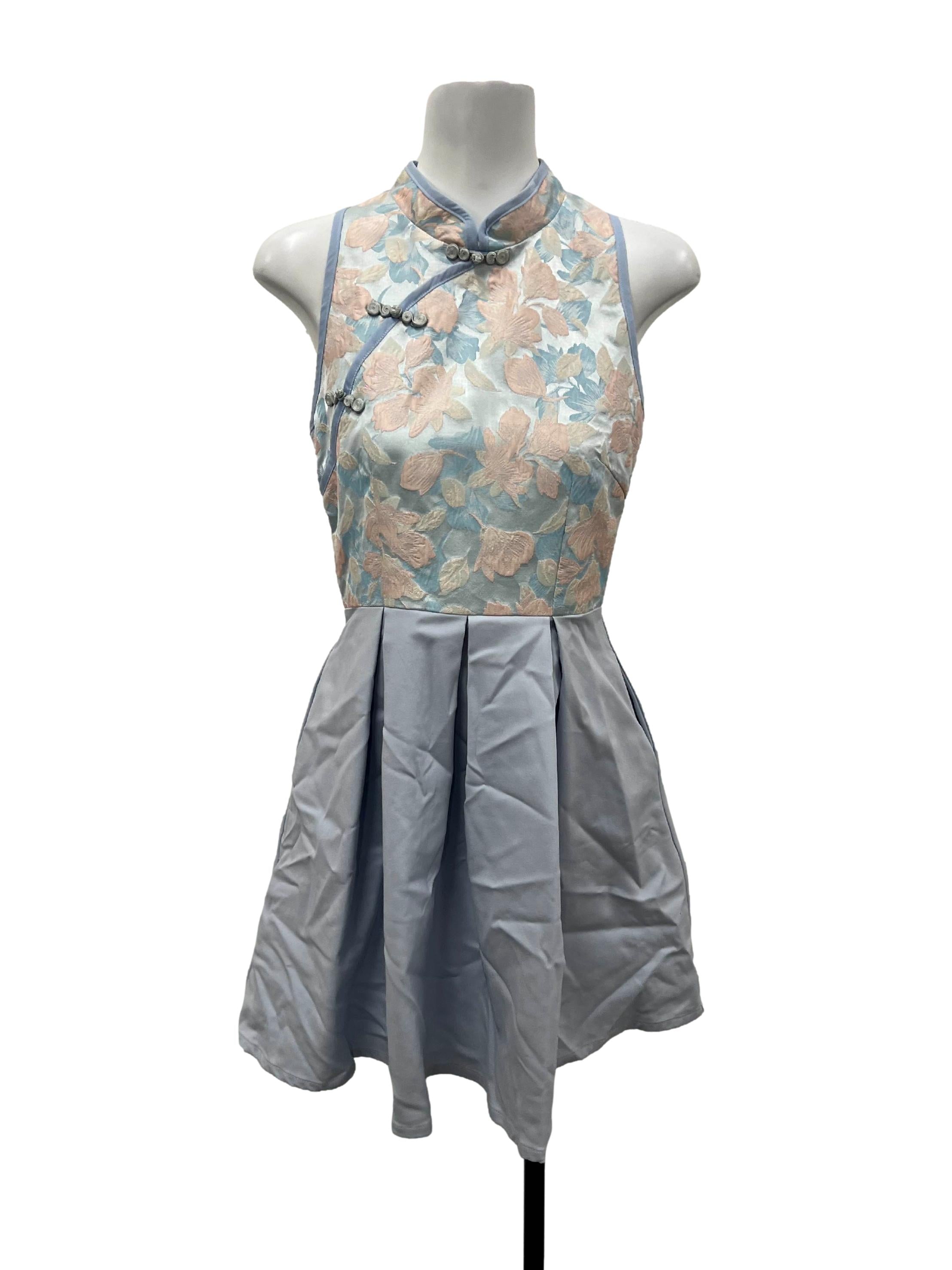 Baby Blue Floral Prints Cheongsam Pleated Dress