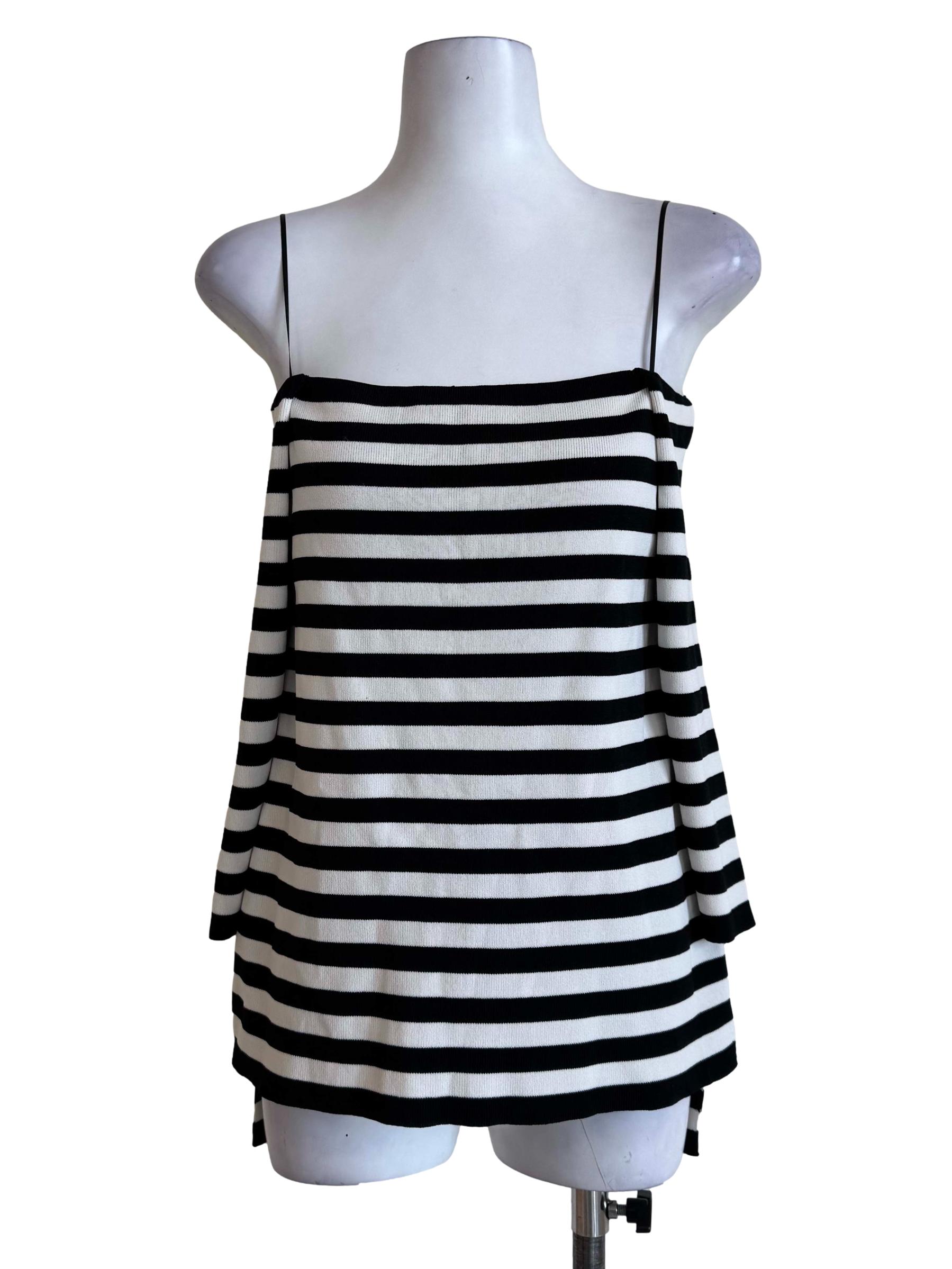 Black And White Horizontal Stripes Square Neck Long Sleeve Top