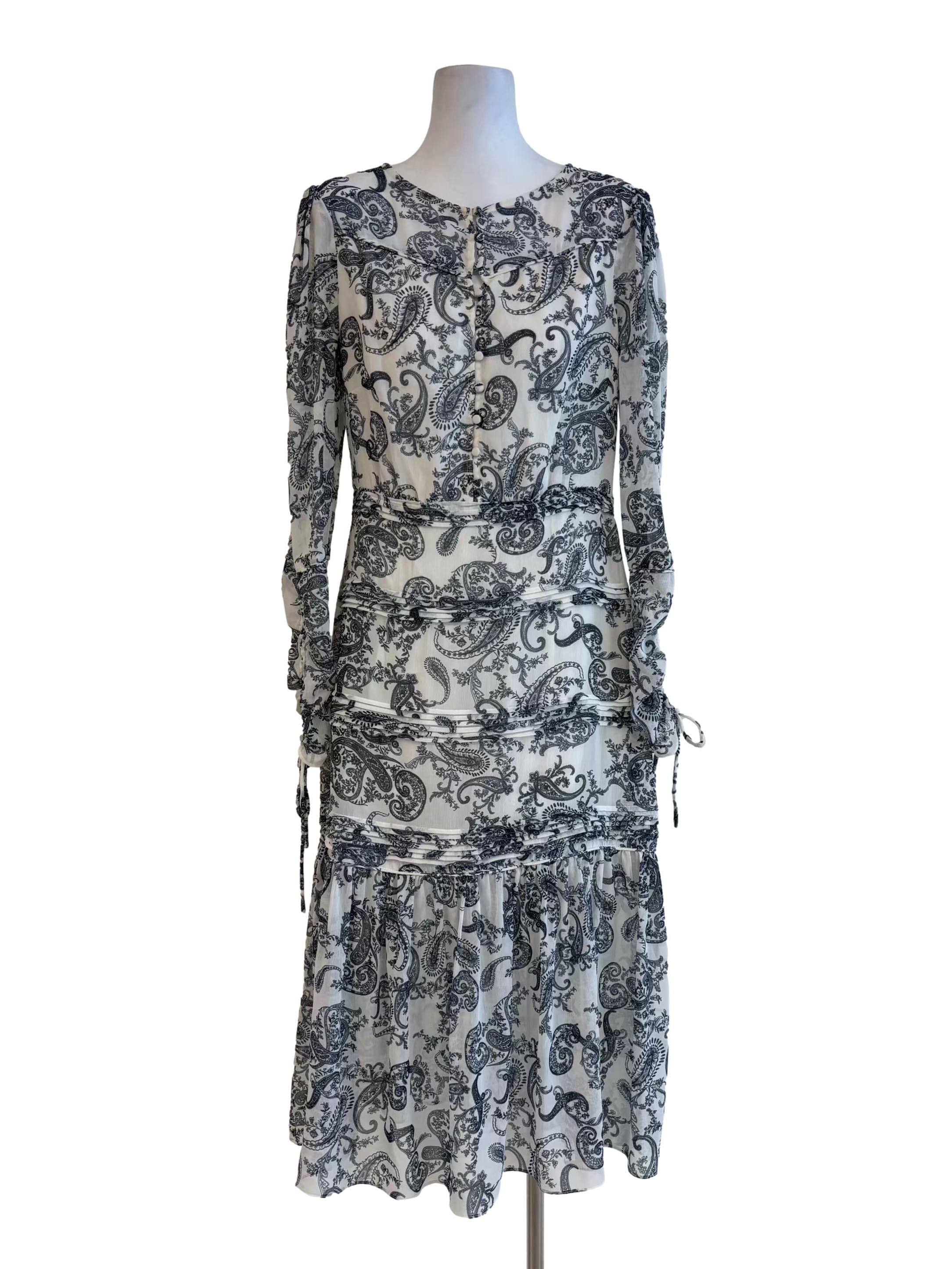 Pearl White Long Sleeve Printed Chiffon Dress