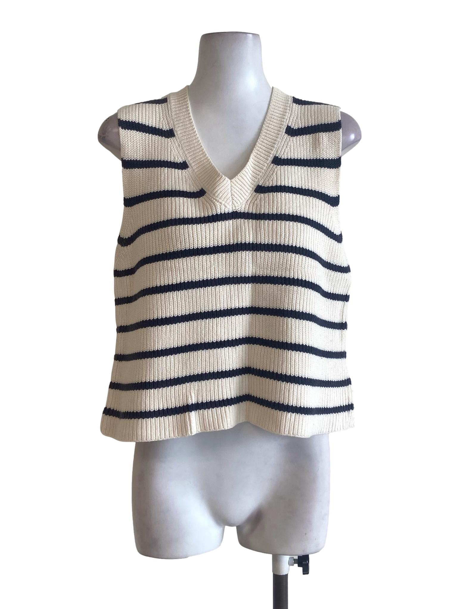 White & Blue Stripe Knitted Sleeveless Vest