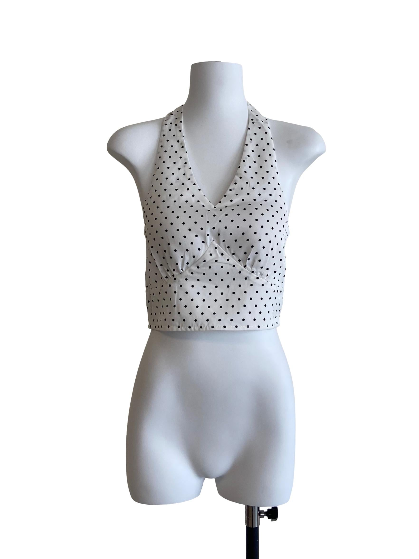 White & Black Polka Dot Halter Neck Crop Top
