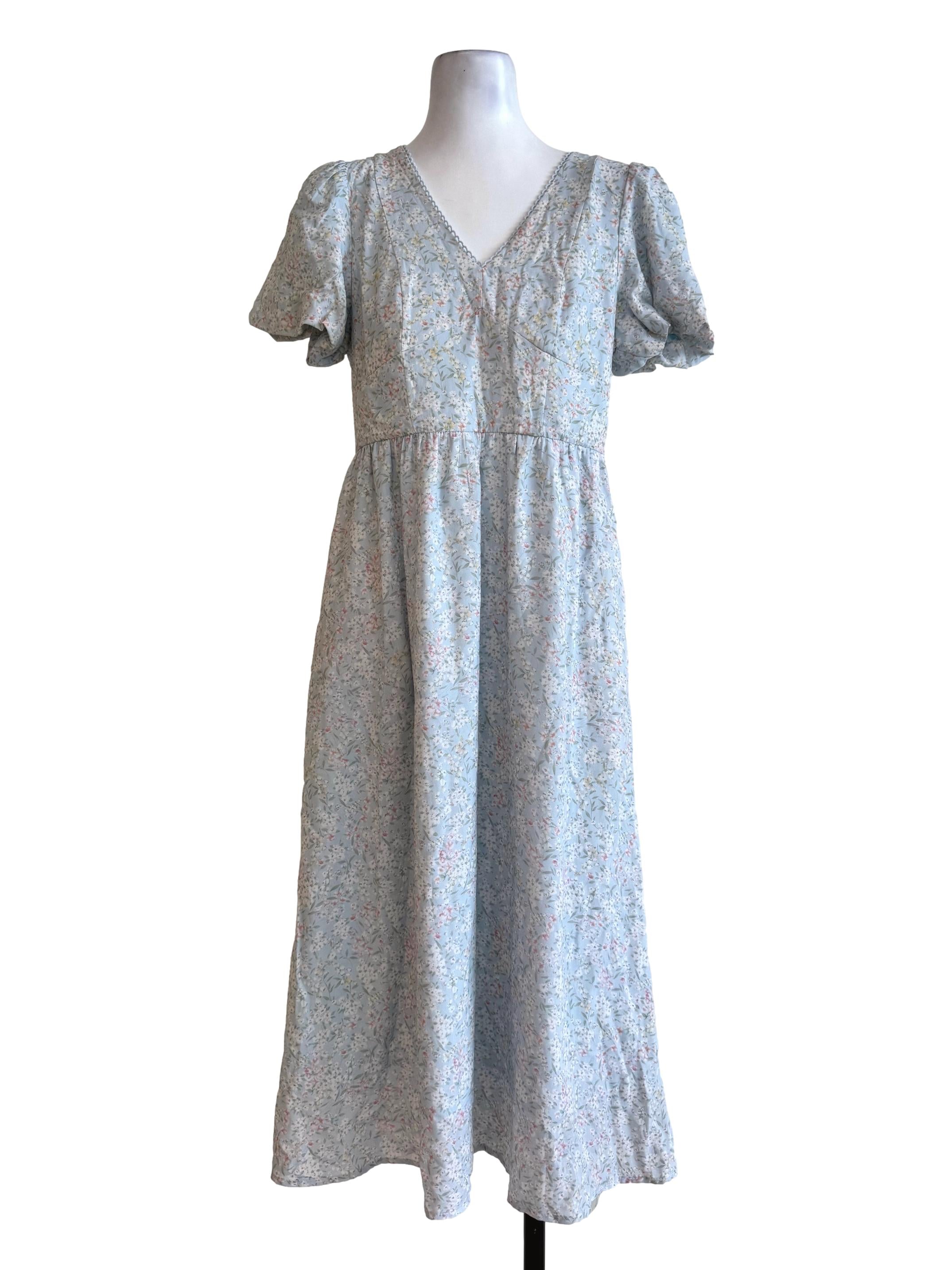 Baby Blue With Floral Prints V Neck Dress