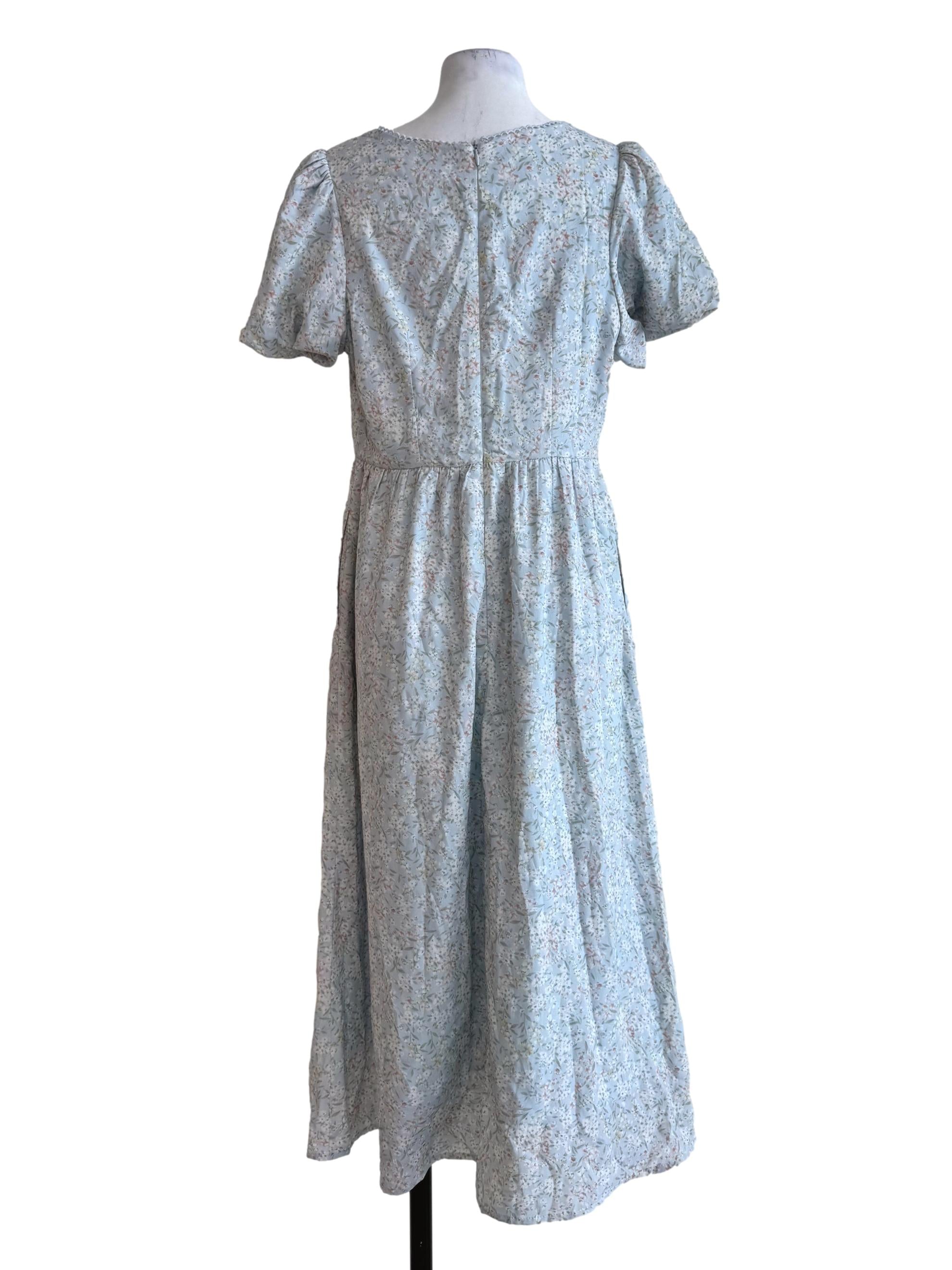Baby Blue With Floral Prints V Neck Dress