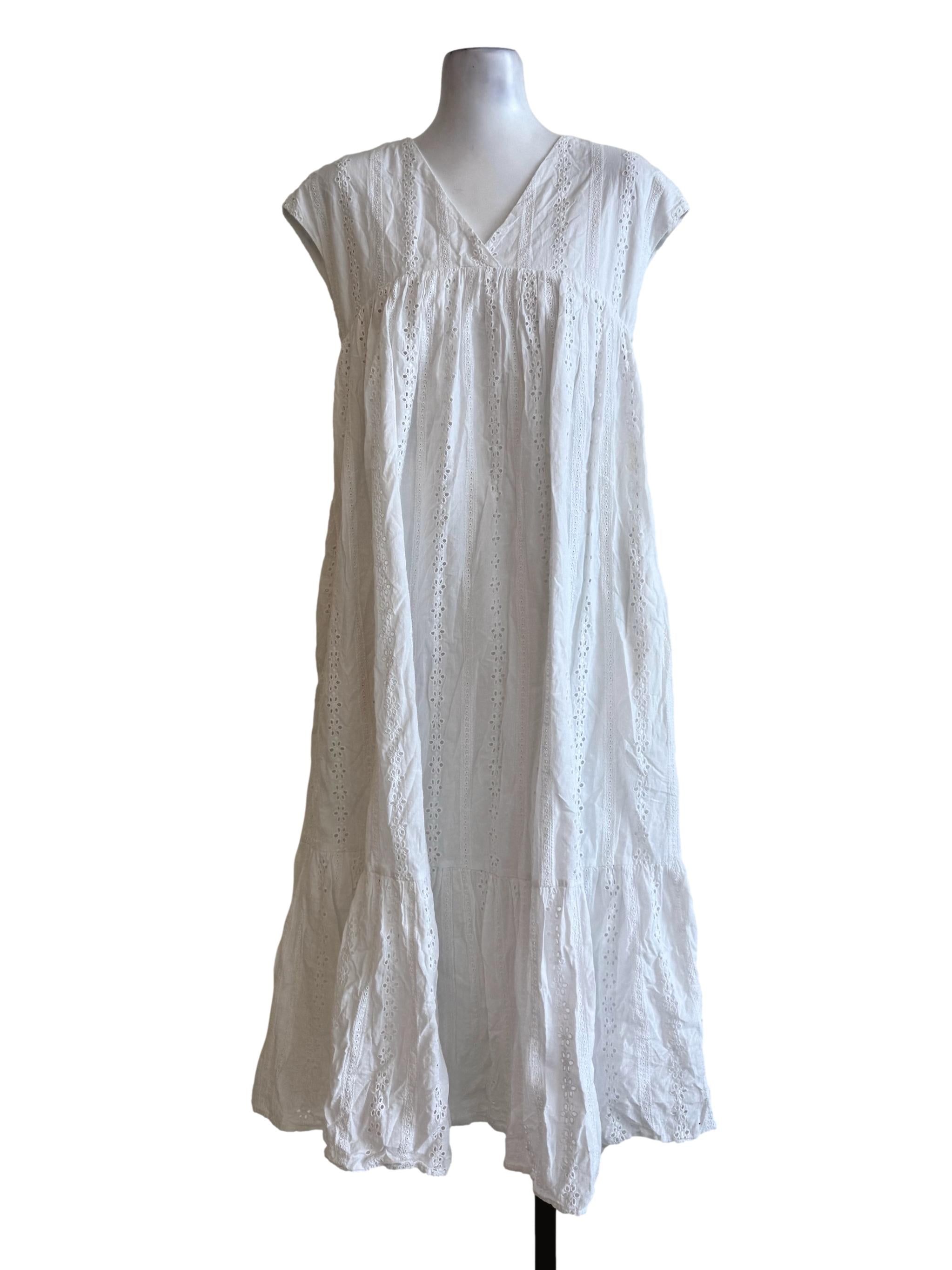 Cotton White Embroidery V Neck Dress