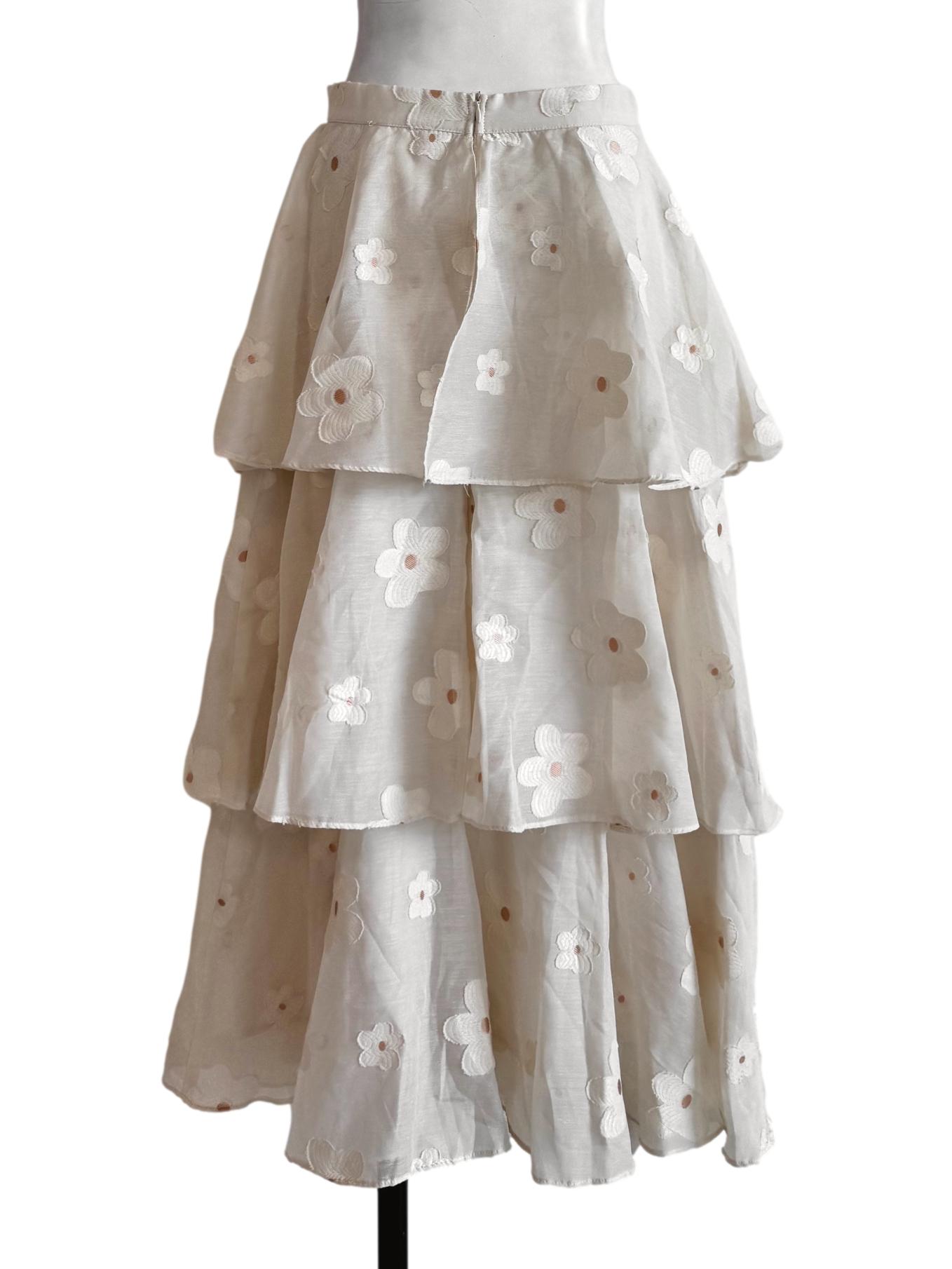 Beige Flower Embroidery Layer Skirt