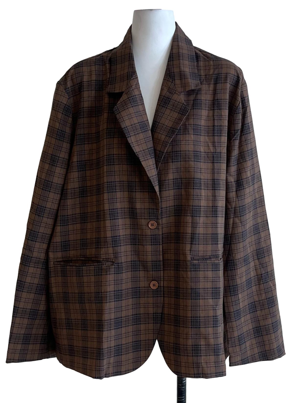 Caramel Brown Tartan Single-Breasted Blazer